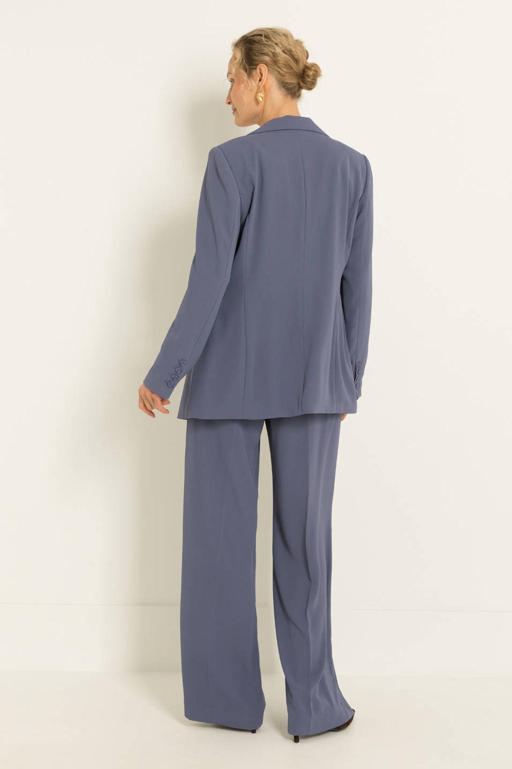 Grijsblauwe dames Claudia Sträter regular fit blazer blauw van polyester met effen, lange mouwen en reverskraag