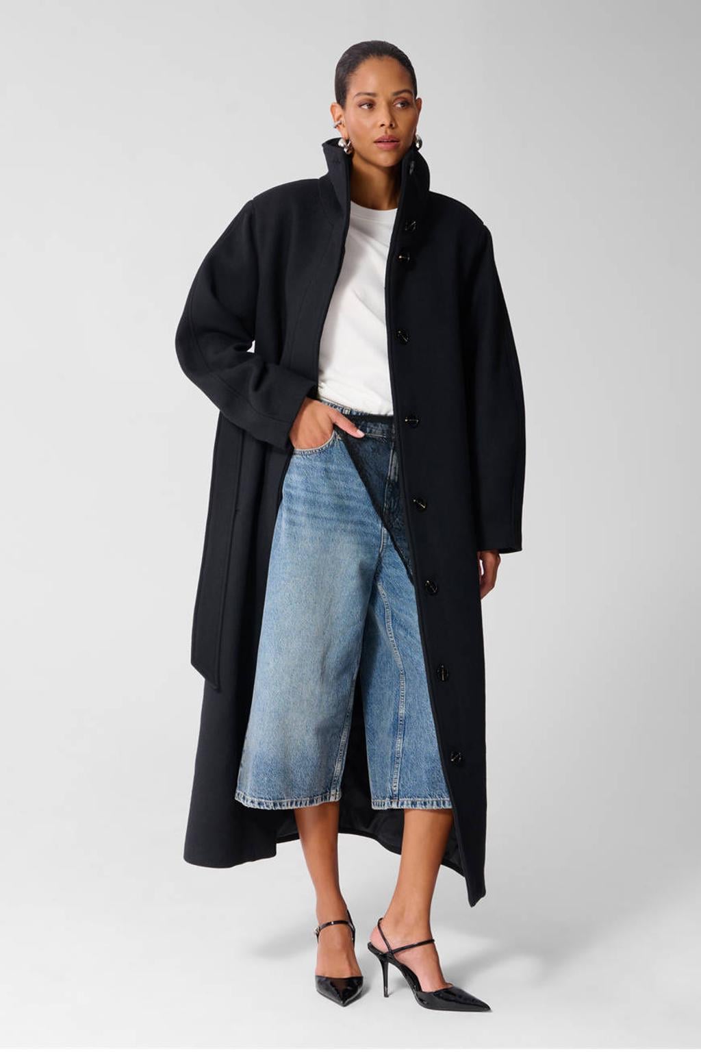 Shoeby manteljas met ceintuur - zwart