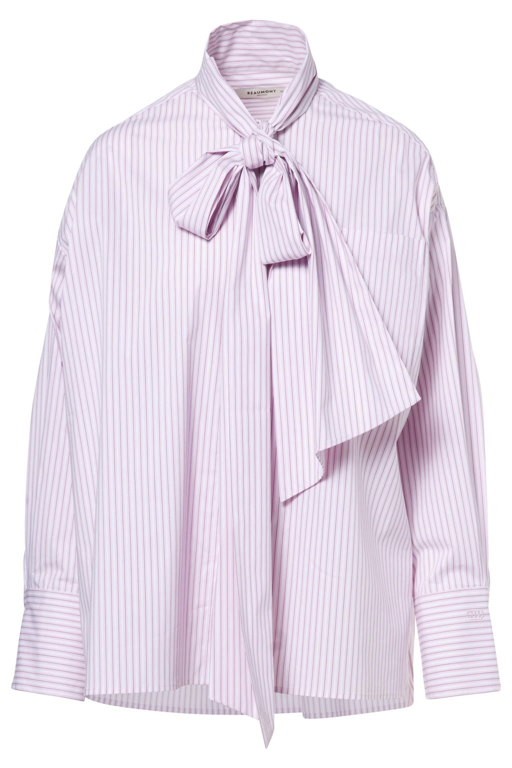 Lichtroze en ecru dames Beaumont gestreepte blouse van katoen met lange mouwen, klassieke kraag en knoopsluiting