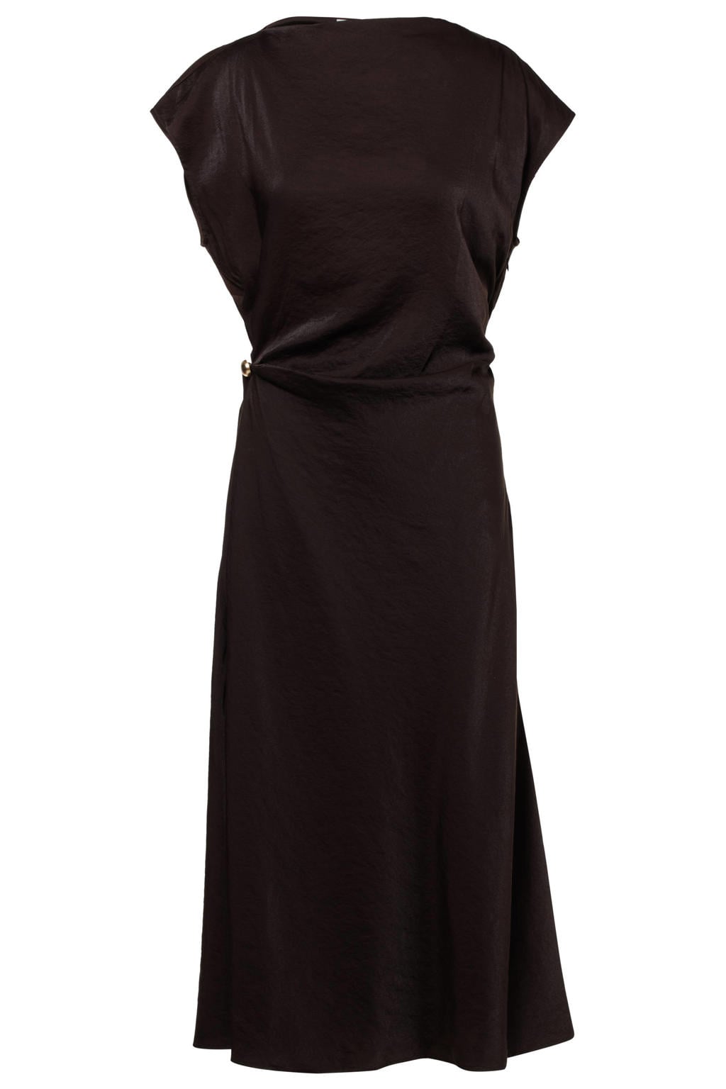 Bruine dames Beaumont midi jurk van viscose met effen, ronde hals en elastische inzet