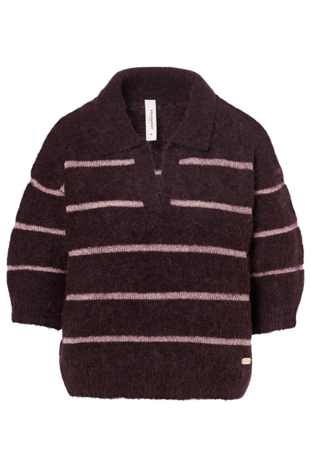 Donkerrood en lichtroze dames Beaumont alpaca gebreide gestreepte trui van acryl met lange mouwen en klassieke kraag