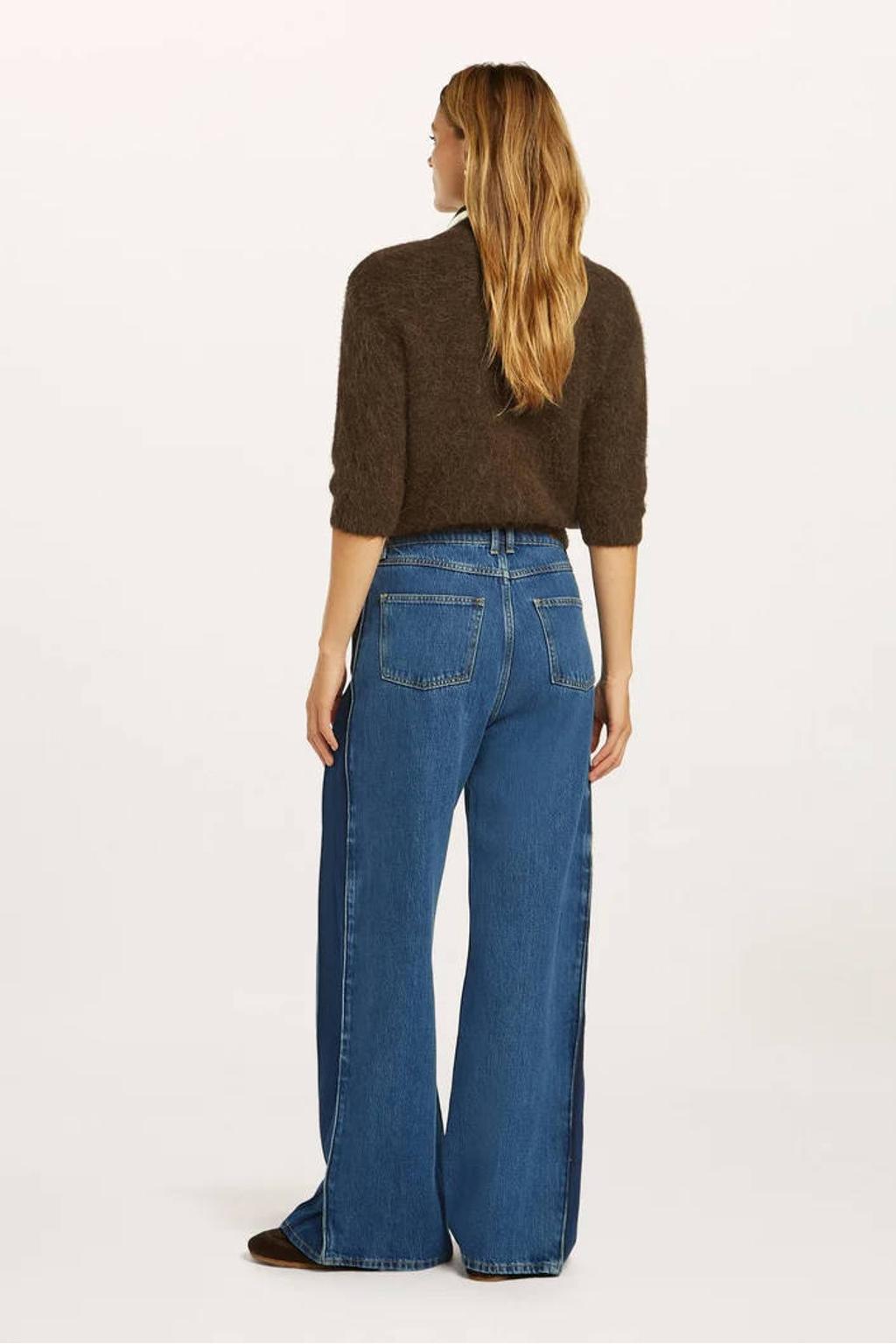 Medium blue denim dames Beaumont wide leg broek van katoen met high waist, knoopsluiting en effen