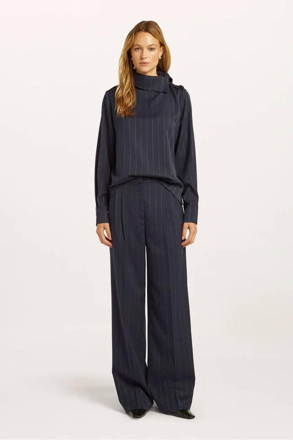 Donkerblauwe dames Beaumont wide leg broek met high waist, haaksluiting en krijtstreepprint