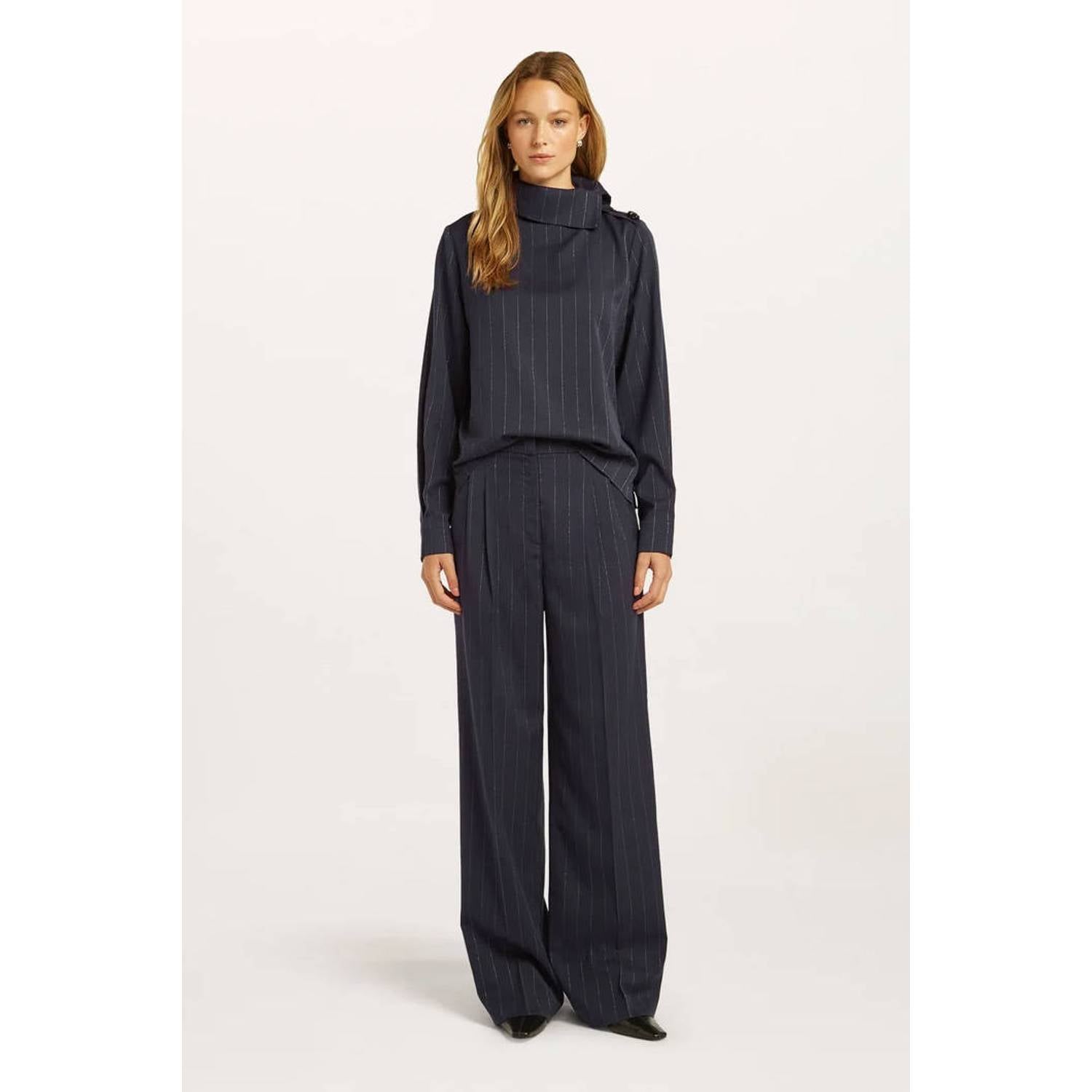 Beaumont wide leg broek met krijtstreep donkerblauw