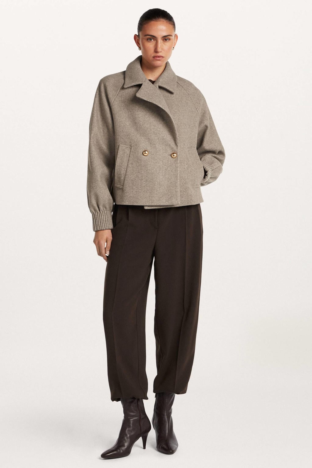 Taupe dames Beaumont trenchcoat van polyester met effen, lange mouwen en klassieke kraag