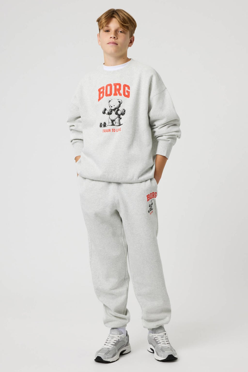 Grijs melange jongens en meisjes Björn Borg joggingbroek van sweat materiaal met elastische tailleband met koord en logo dessin
