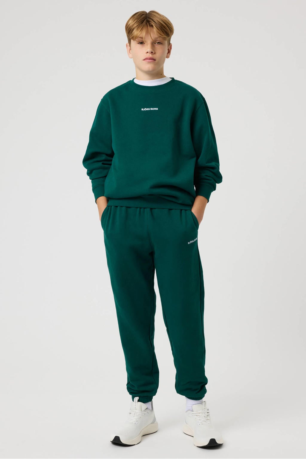 Donkergroene jongens en meisjes Björn Borg joggingbroek van sweat materiaal met elastische tailleband met koord en effen