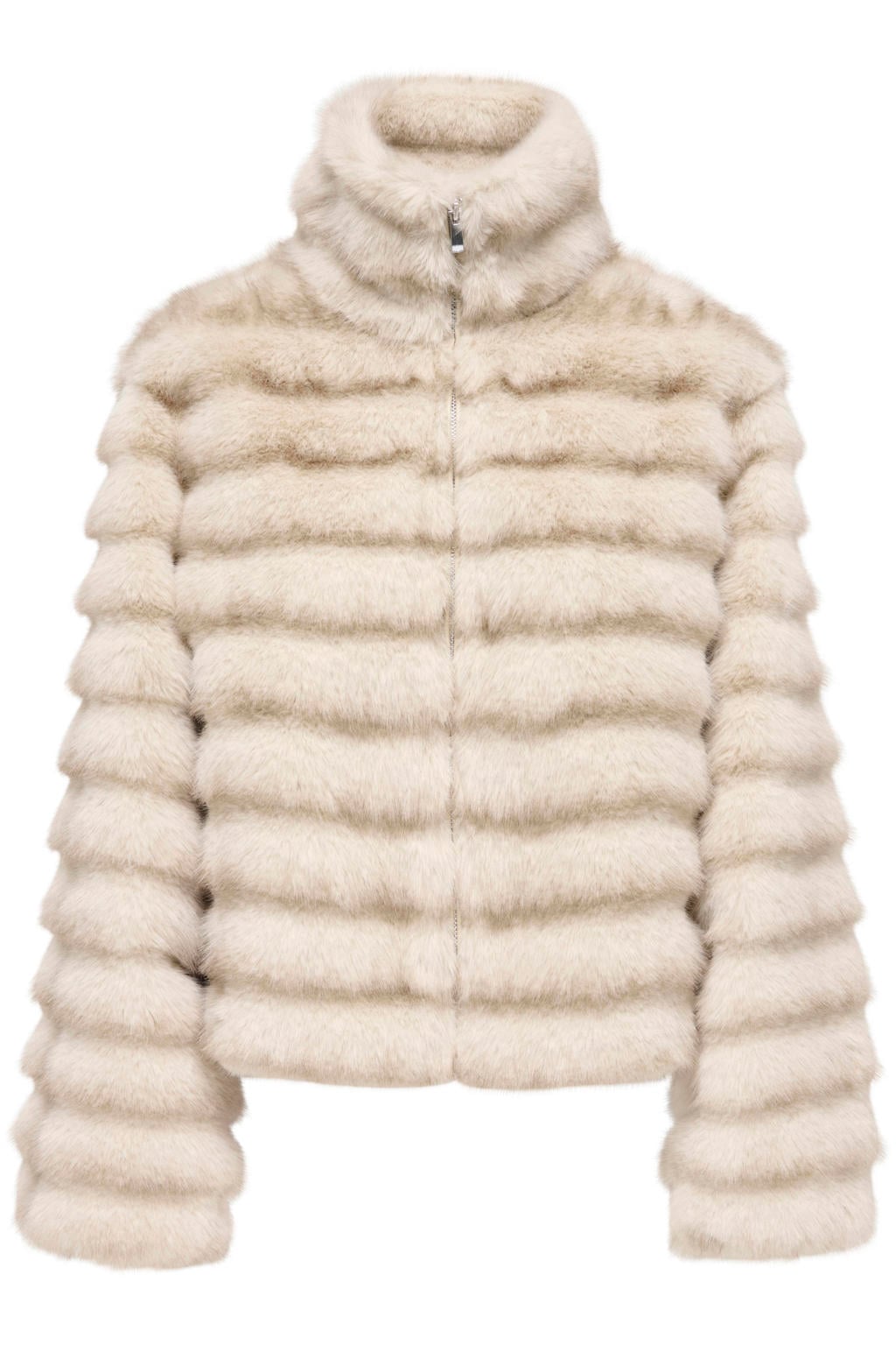 Beige dames JDY faux fur winterjas van polyester met effen, lange mouwen, opstaande kraag en ritssluiting