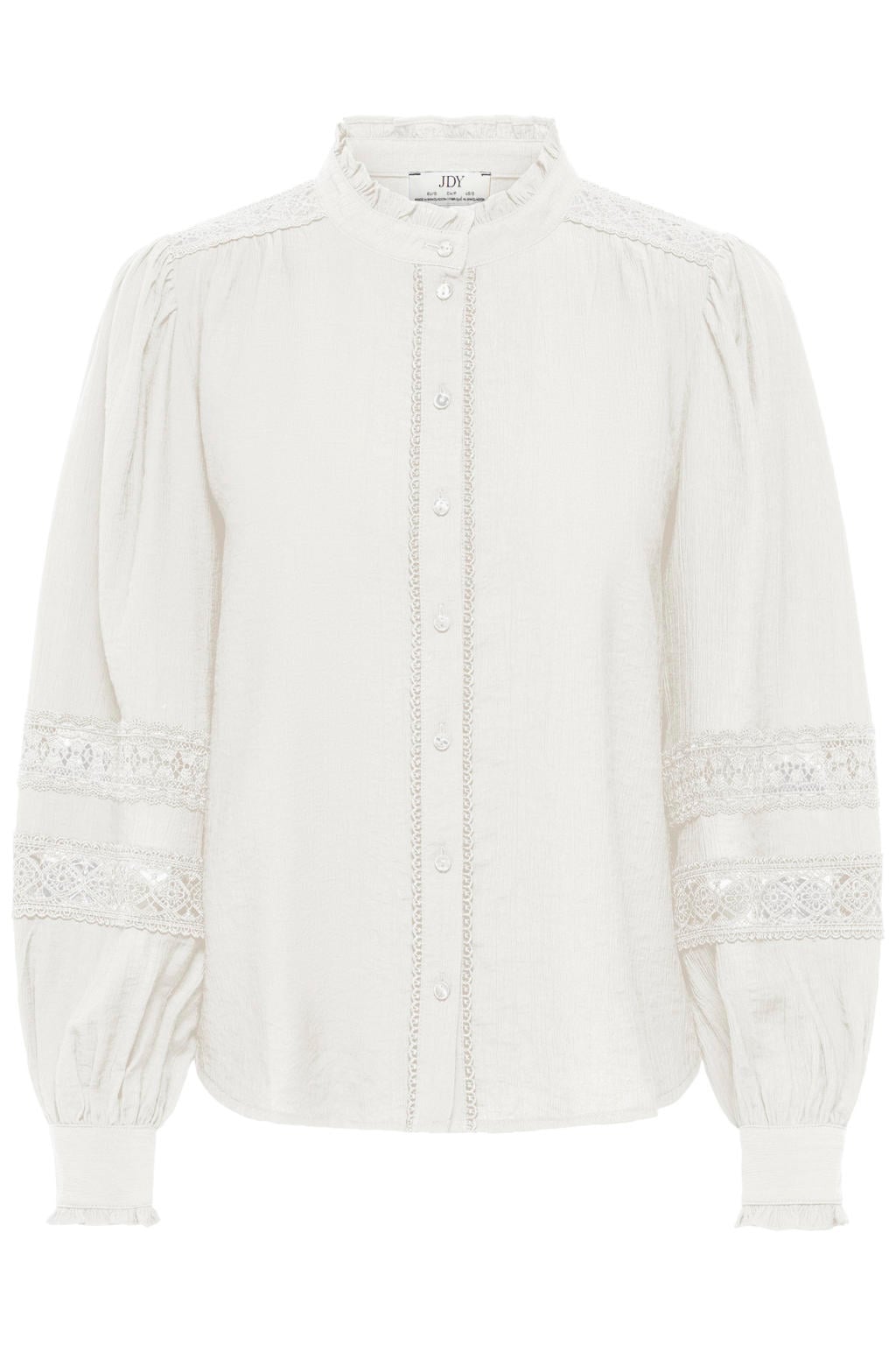 Ecru dames JDY blouse van modal met effen, lange mouwen, opstaande kraag, knoopsluiting en kant