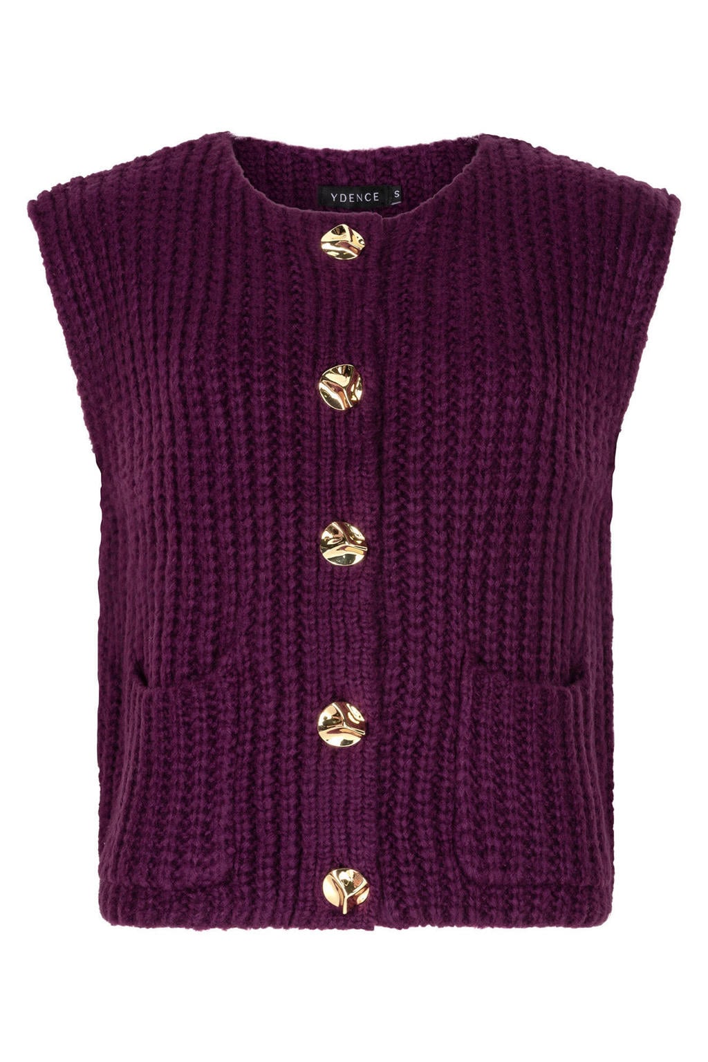 Aubergine dames Ydence gebreid vest van acryl met effen, ronde hals en knoopsluiting