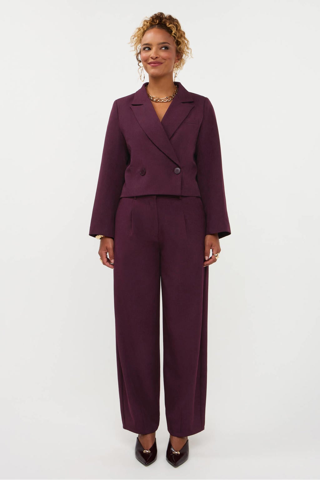 Ydence cropped double breasted blazer - aubergine