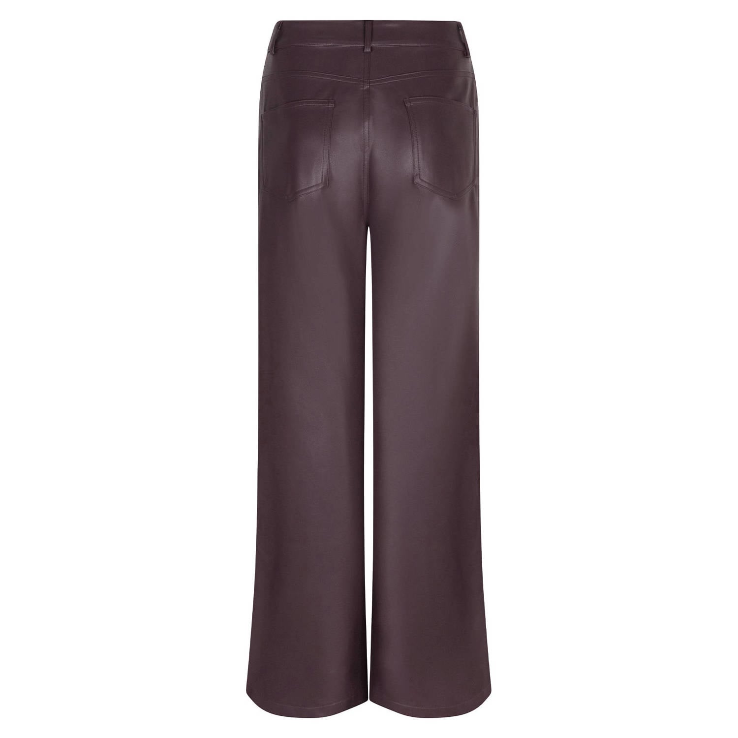 Ydence imitatieleren wide leg broek aubergine