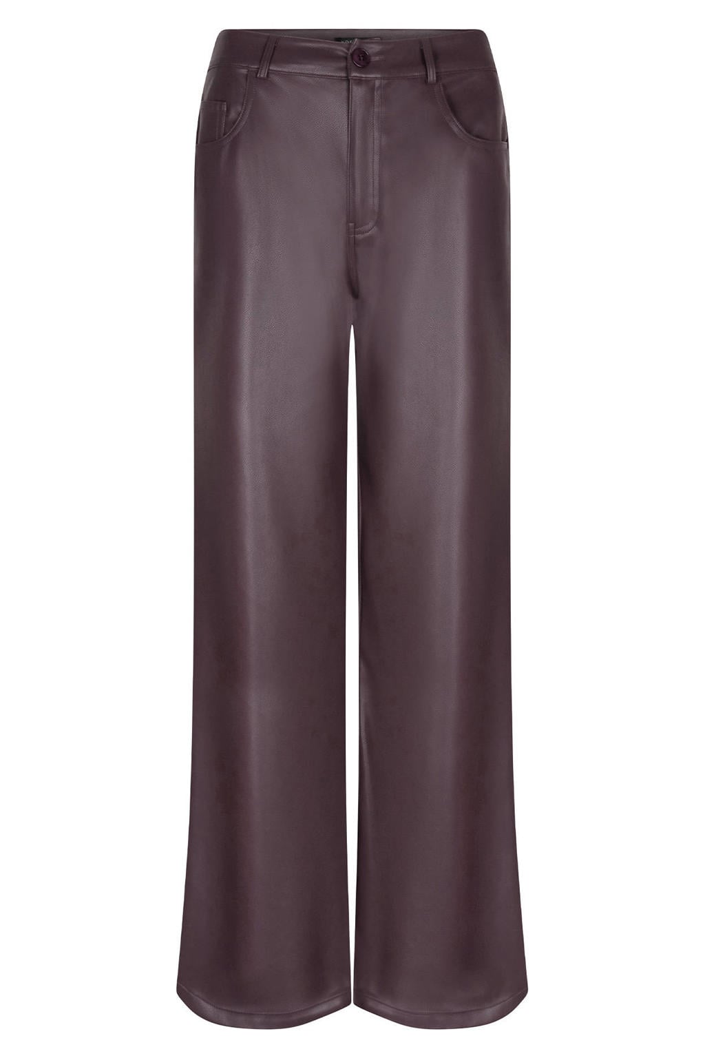 Aubergine dames Ydence imitatieleren wide leg broek met high waist en rits- en knoopsluiting