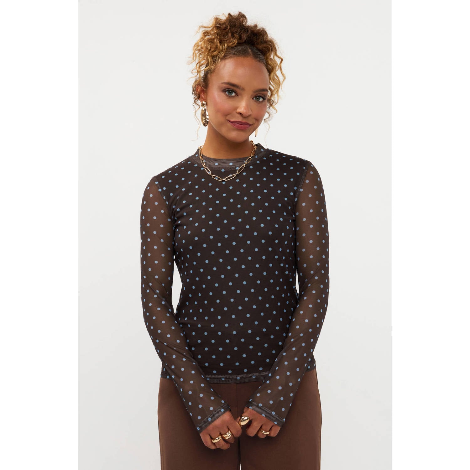 Ydence mesh top met stippen donkerbruin