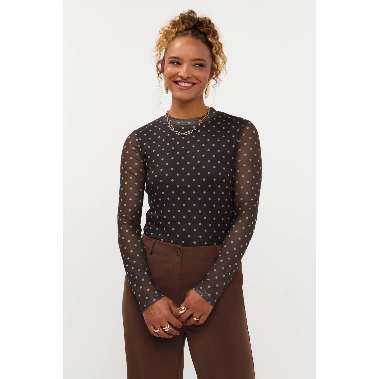 Ydence mesh top met stippen donkerbruin