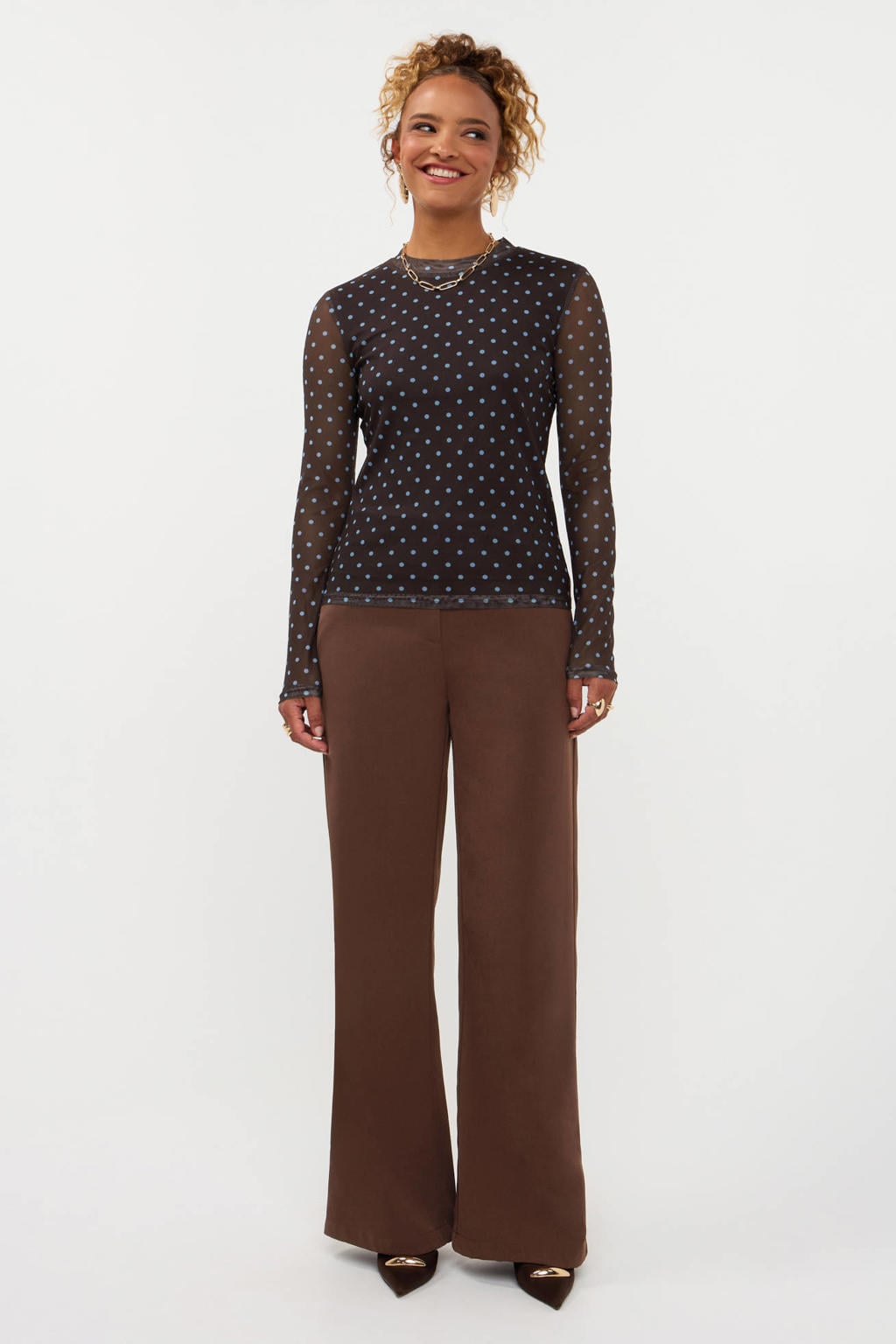 Ydence mesh top met stippen - donkerbruin