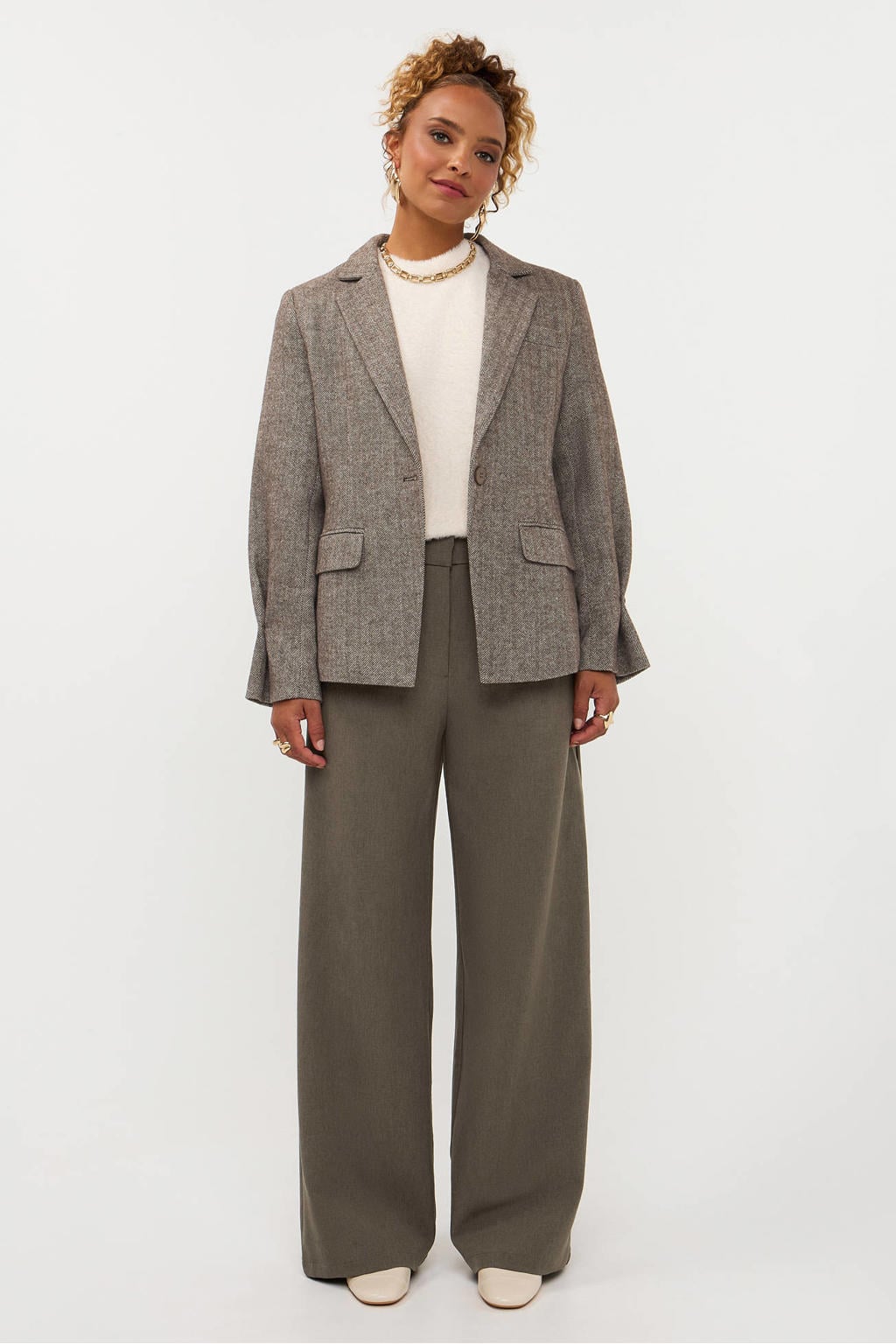 Groene dames Ydence wide leg broek met high waist, rits, haak- en knoopsluiting en effen