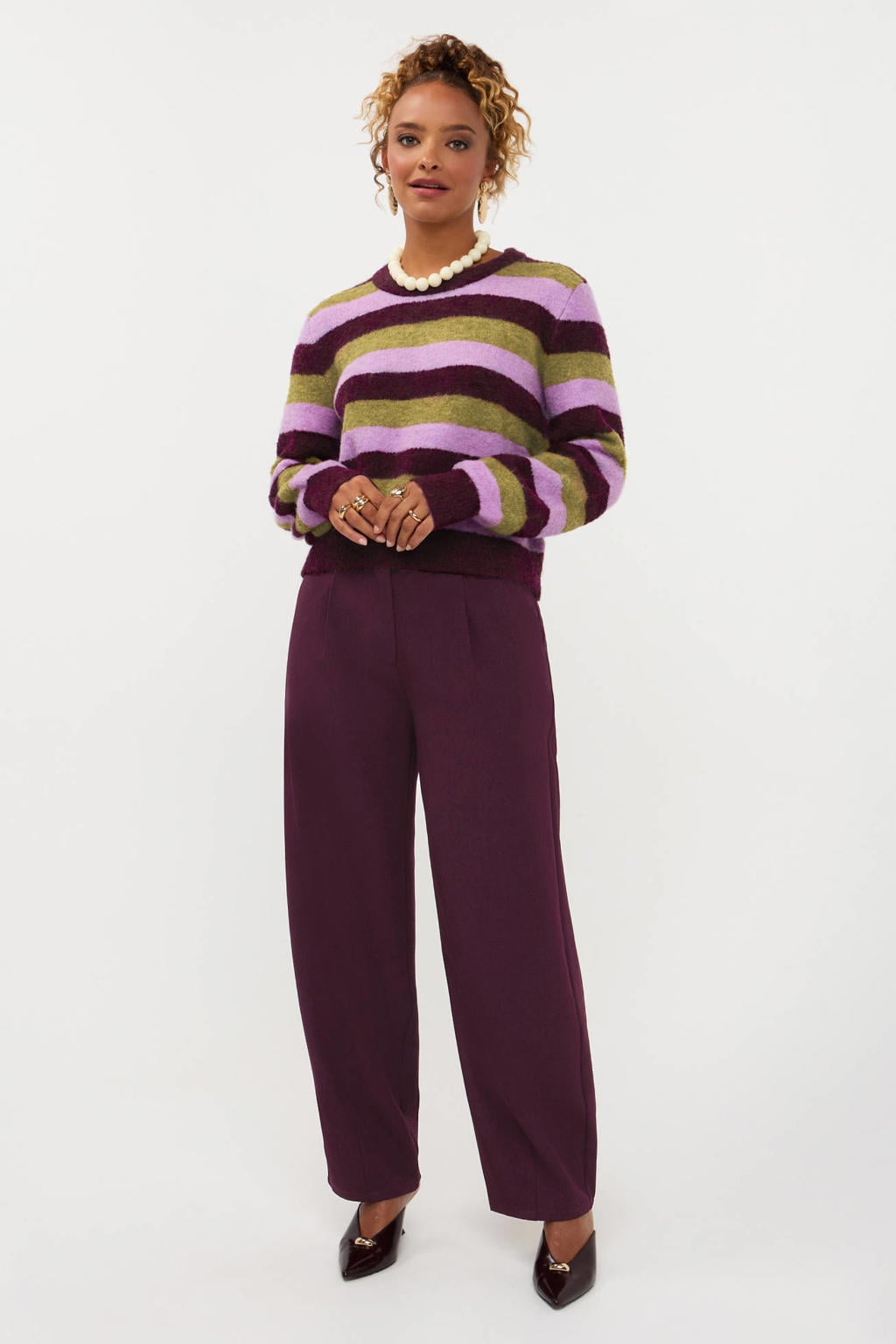 Ydence gebreide gestreepte trui met wol - aubergine