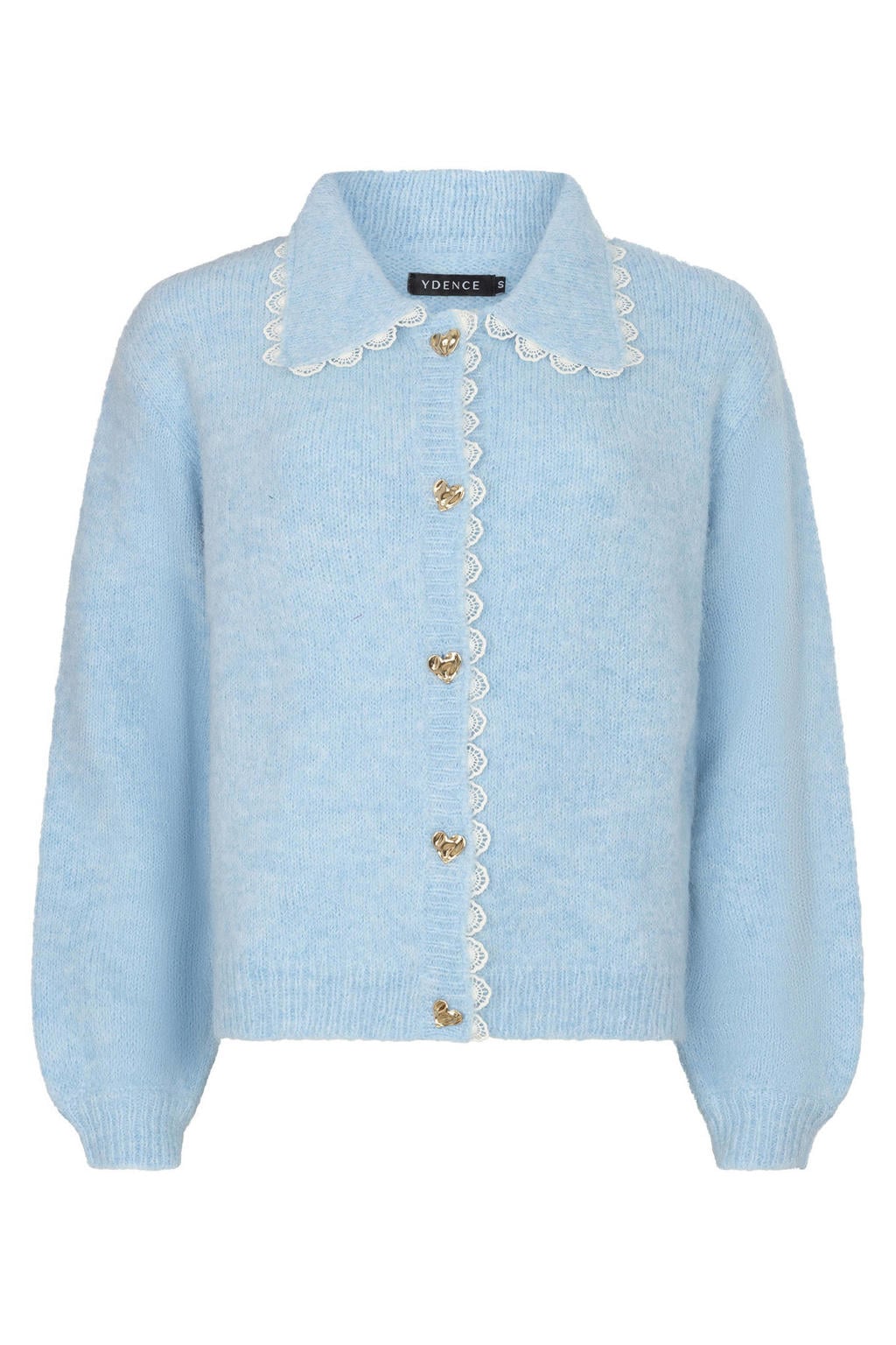 Lichtblauwe dames Ydence gebreid vest van nylon met effen, lange mouwen, klassieke kraag, knoopsluiting en kant