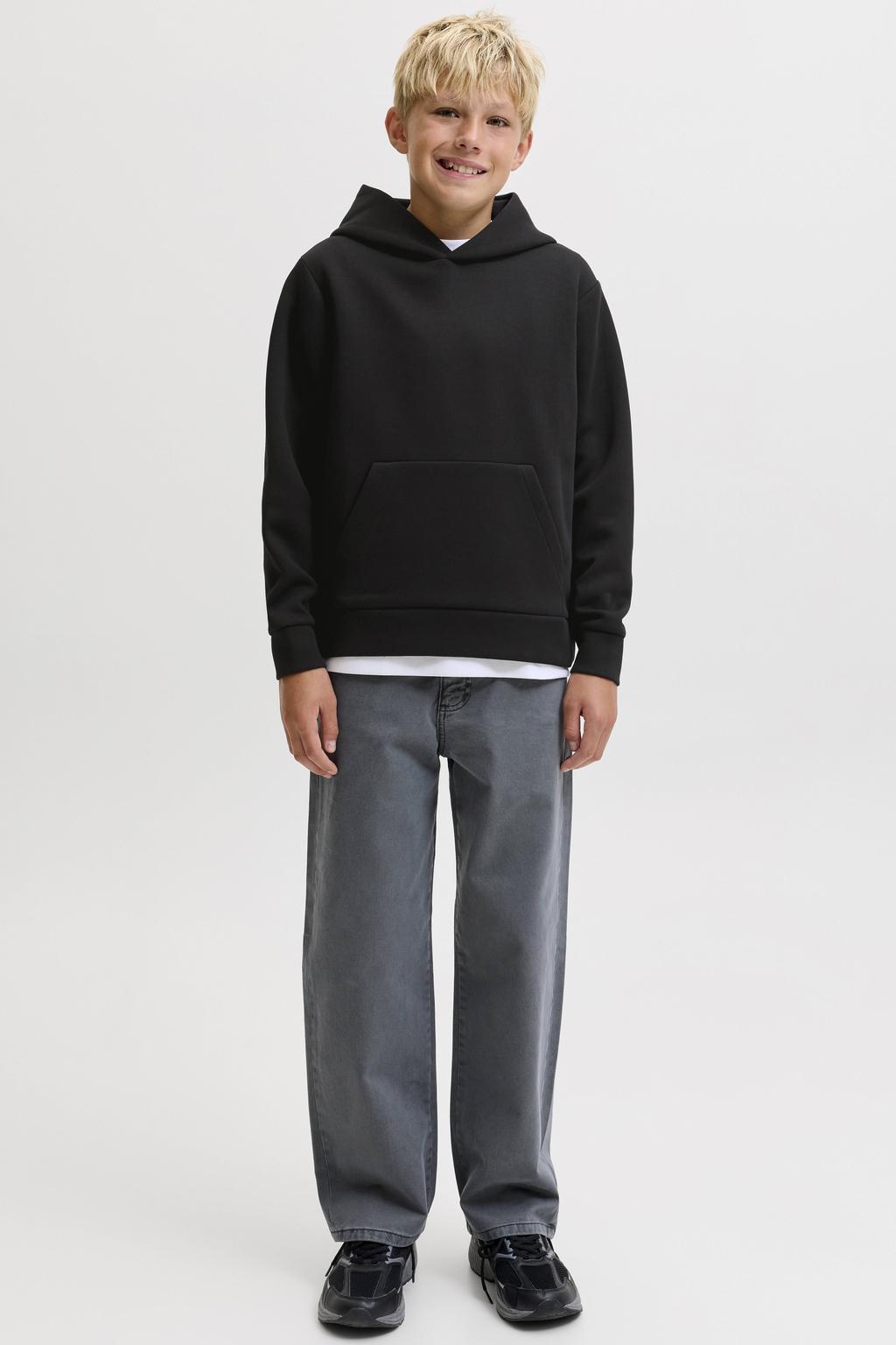 Zwarte jongens JACK & JONES JUNIOR hoodie van sweat materiaal met effen, lange mouwen en capuchon