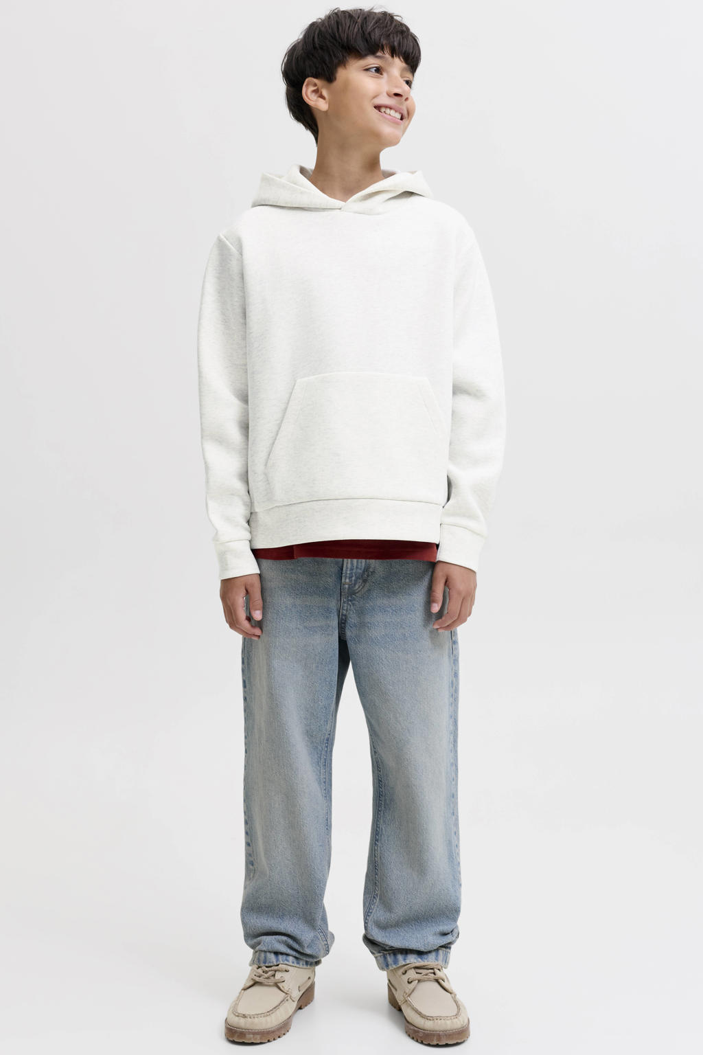 Witte jongens JACK & JONES JUNIOR hoodie van sweat materiaal met effen, lange mouwen en capuchon