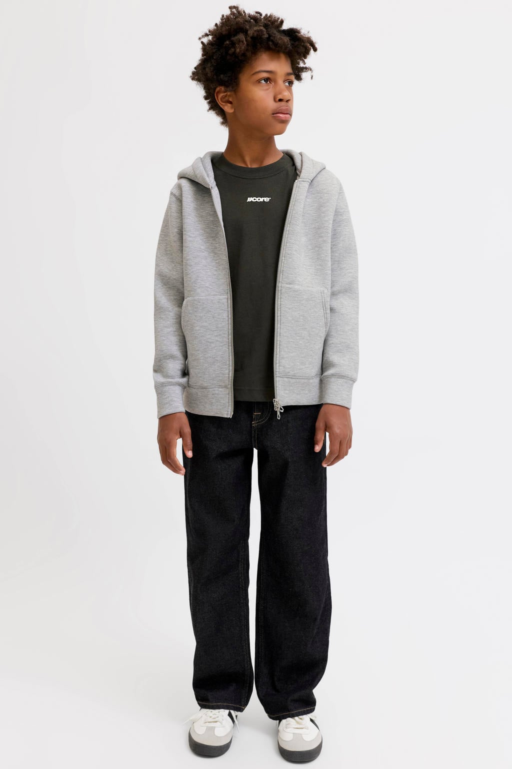 Grijs melange jongens JACK & JONES JUNIOR sweatvest met effen, lange mouwen, capuchon, ritssluiting en geribde boorden