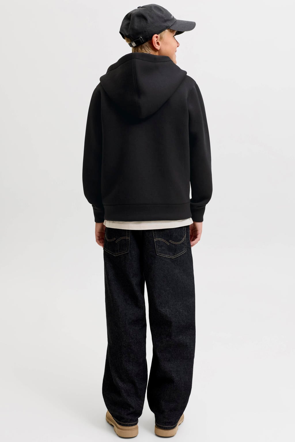 Zwarte jongens JACK & JONES JUNIOR sweatvest met effen, lange mouwen, capuchon, ritssluiting en geribde boorden