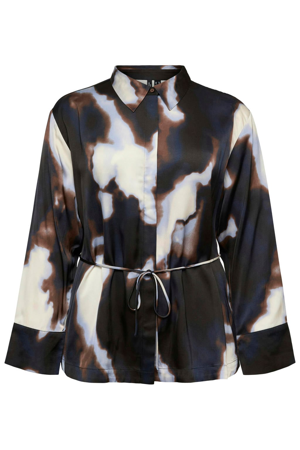 Donkerbruin en blauwe dames VERO MODA CURVE Plus Size blouse en print van modal met lange mouwen, klassieke kraag, knoopsluiting en ceintuur