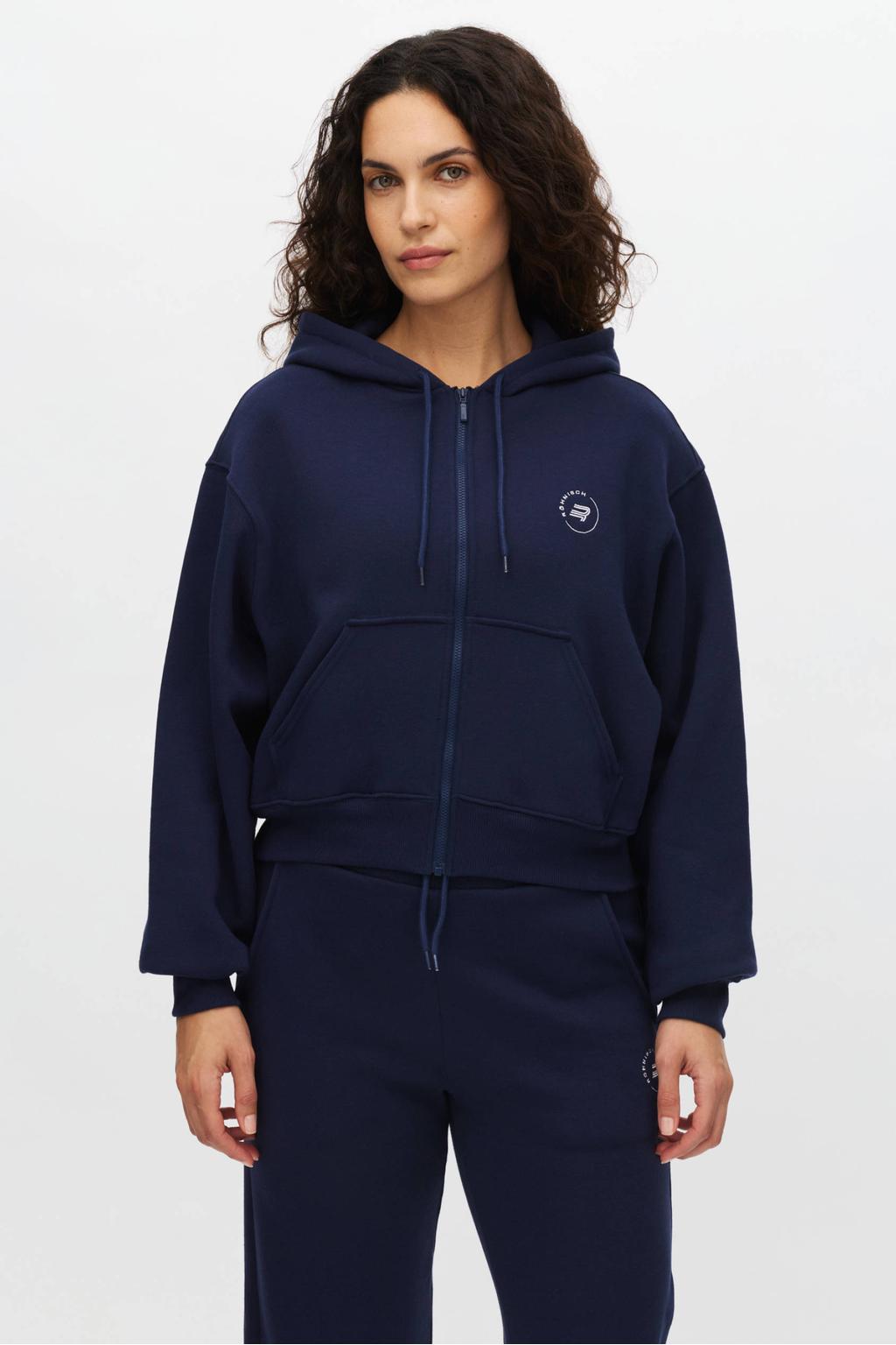 Donkerblauwe dames Rohnisch sweatvest van katoen met lange mouwen en capuchon