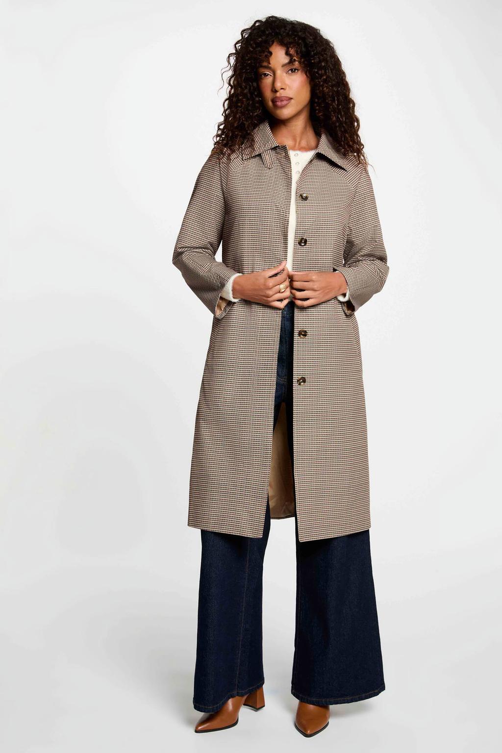 Beige en bruine dames Morgan geruite trenchcoat van polyester met lange mouwen, klassieke kraag, knoopsluiting en ceintuur
