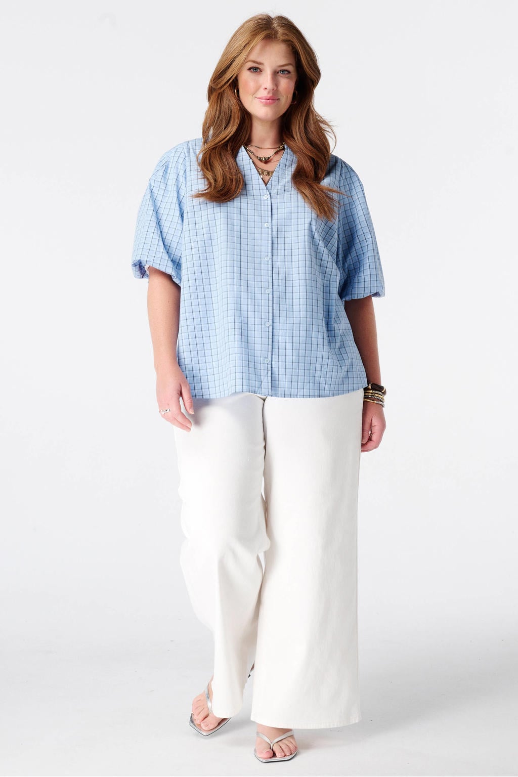 Blauwe dames MS Mode geruite blouse Plus Size van katoen met korte mouwen, klassieke kraag en knoopsluiting