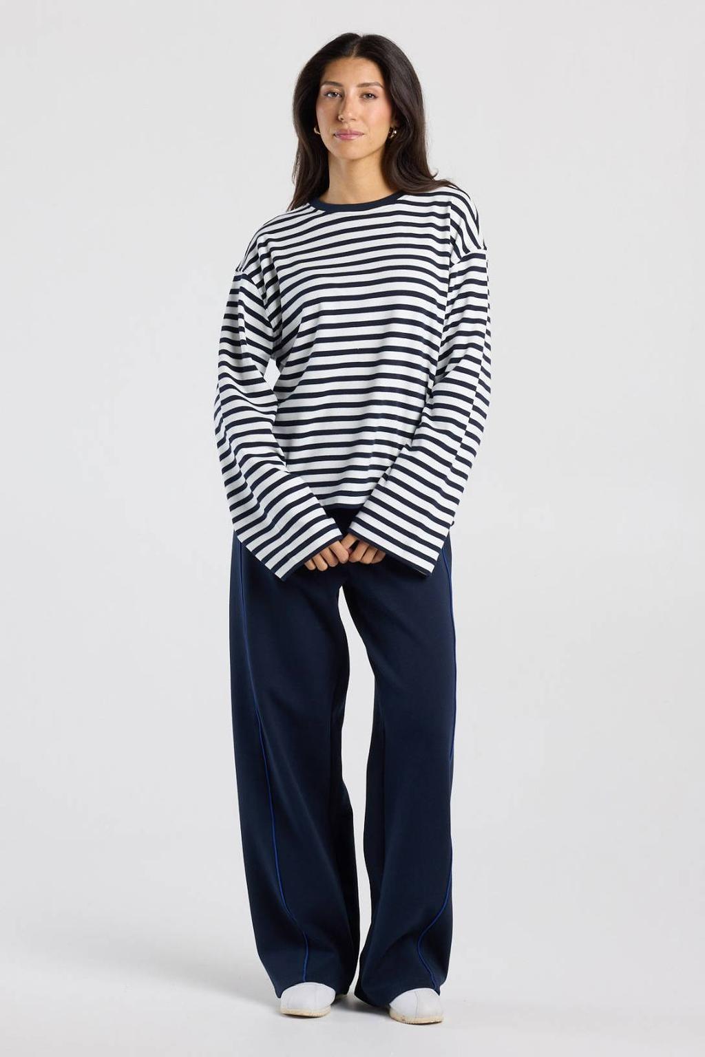 Donkerblauwe dames America Today gestreepte longsleeve van katoen met lange mouwen en ronde hals