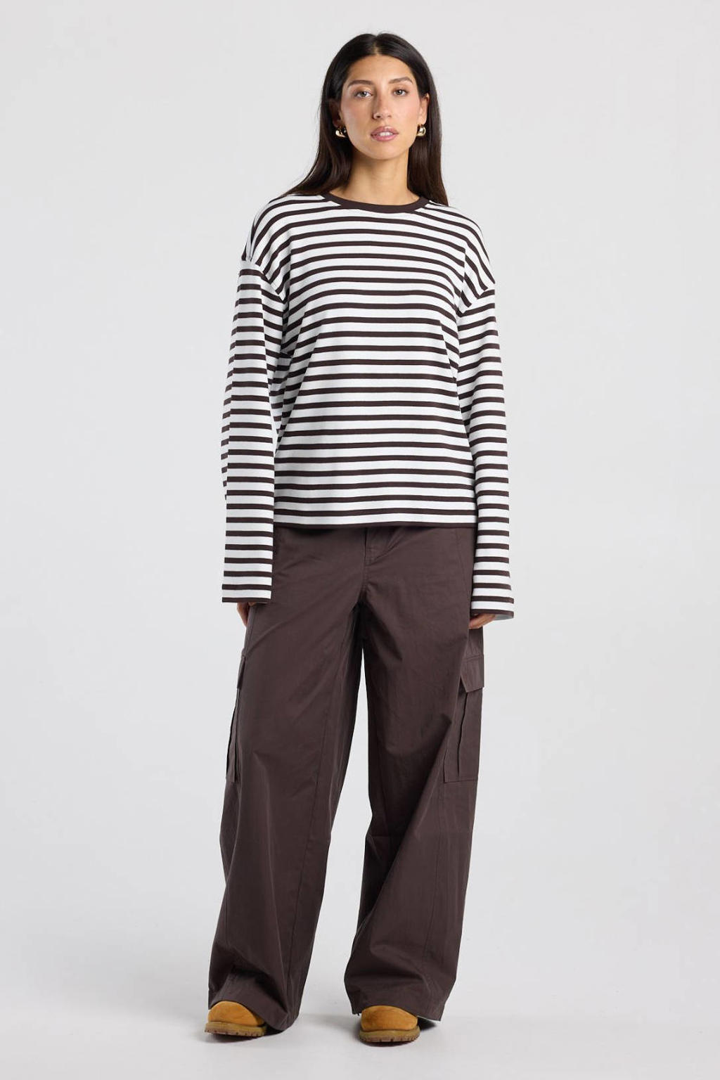 Bruine dames America Today gestreepte longsleeve van katoen met lange mouwen en ronde hals