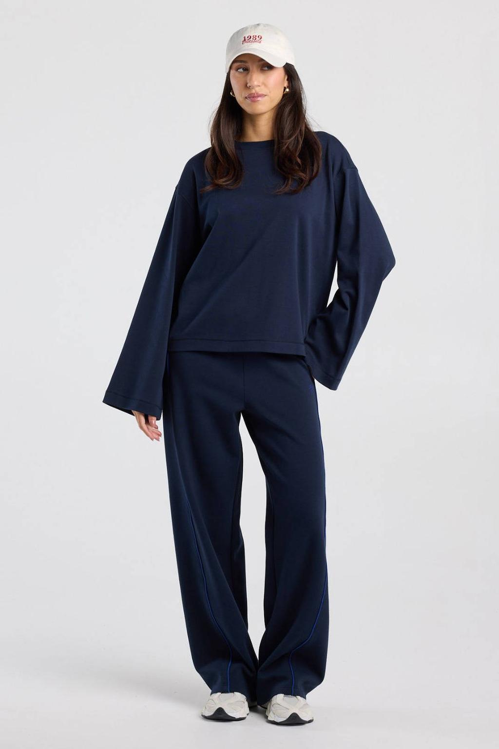 Donkerblauwe dames America Today longsleeve van katoen met effen, lange mouwen en ronde hals