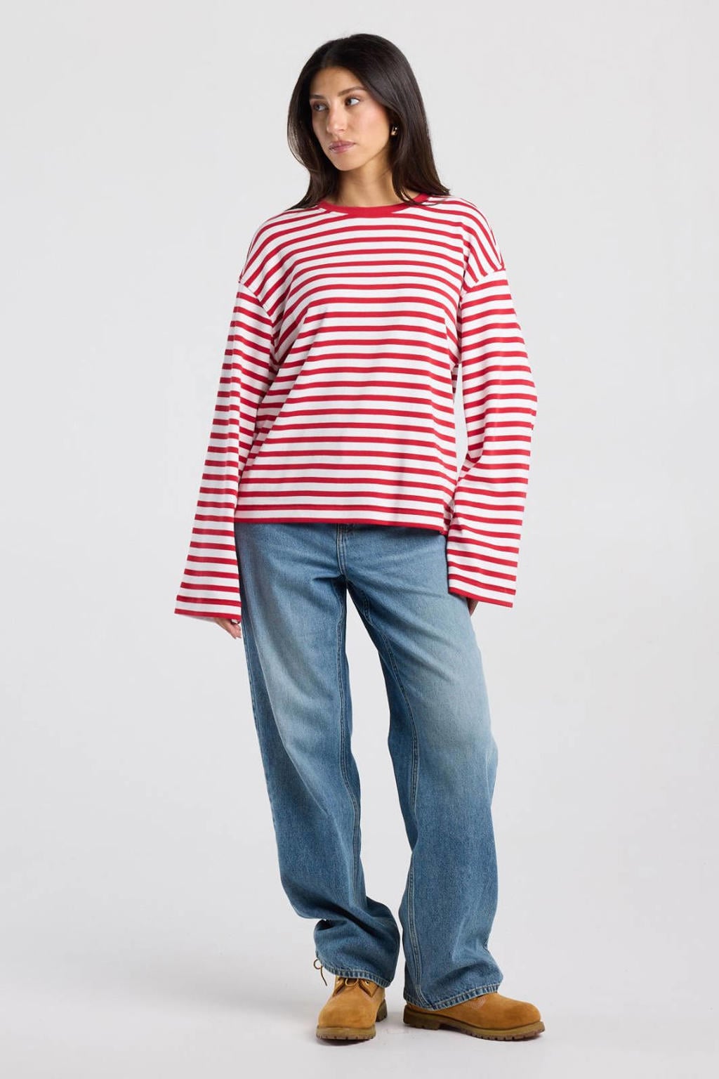 Rode dames America Today gestreepte longsleeve van katoen met lange mouwen en ronde hals