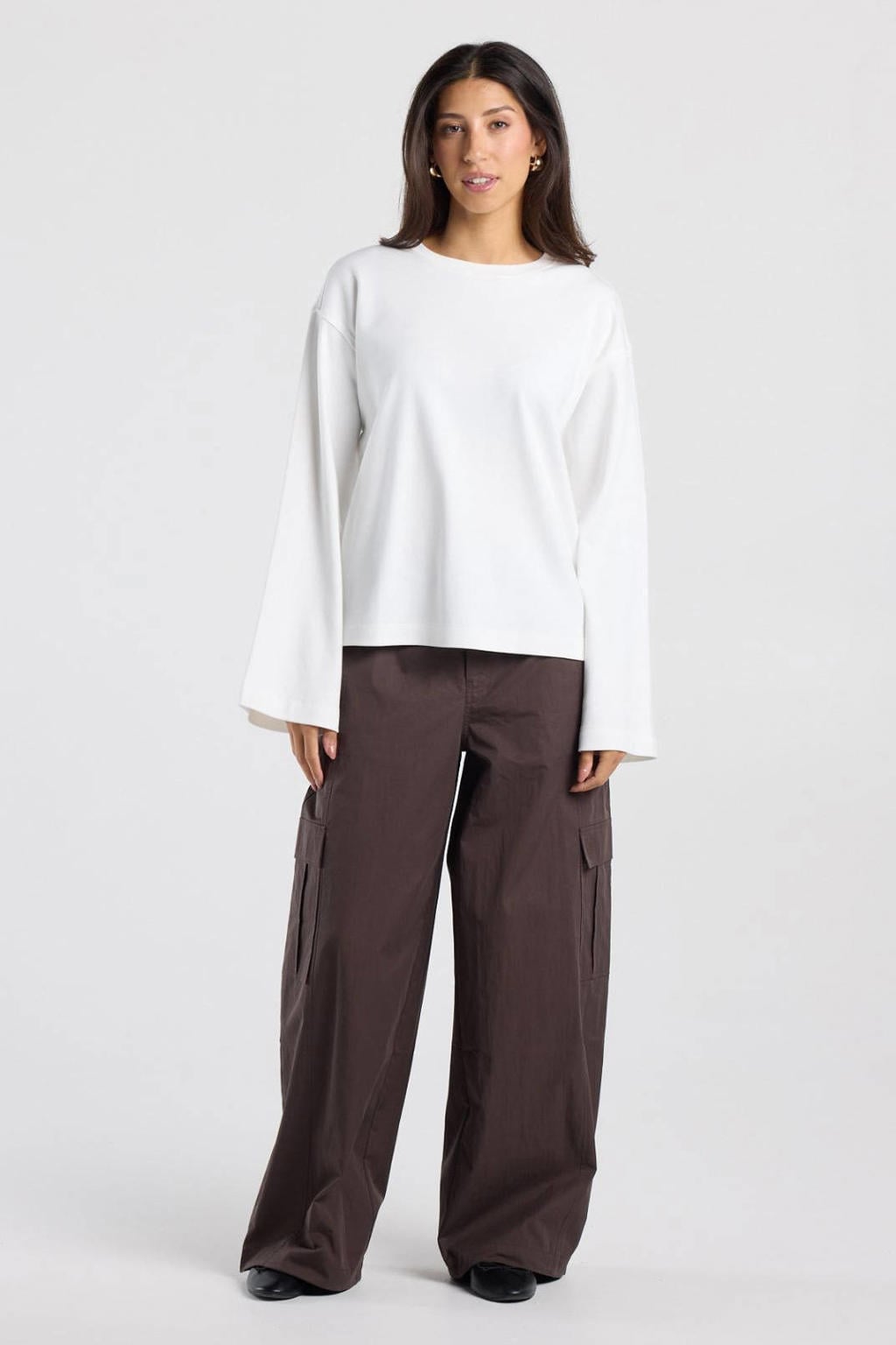 Ecru dames America Today longsleeve van katoen met effen, lange mouwen en ronde hals