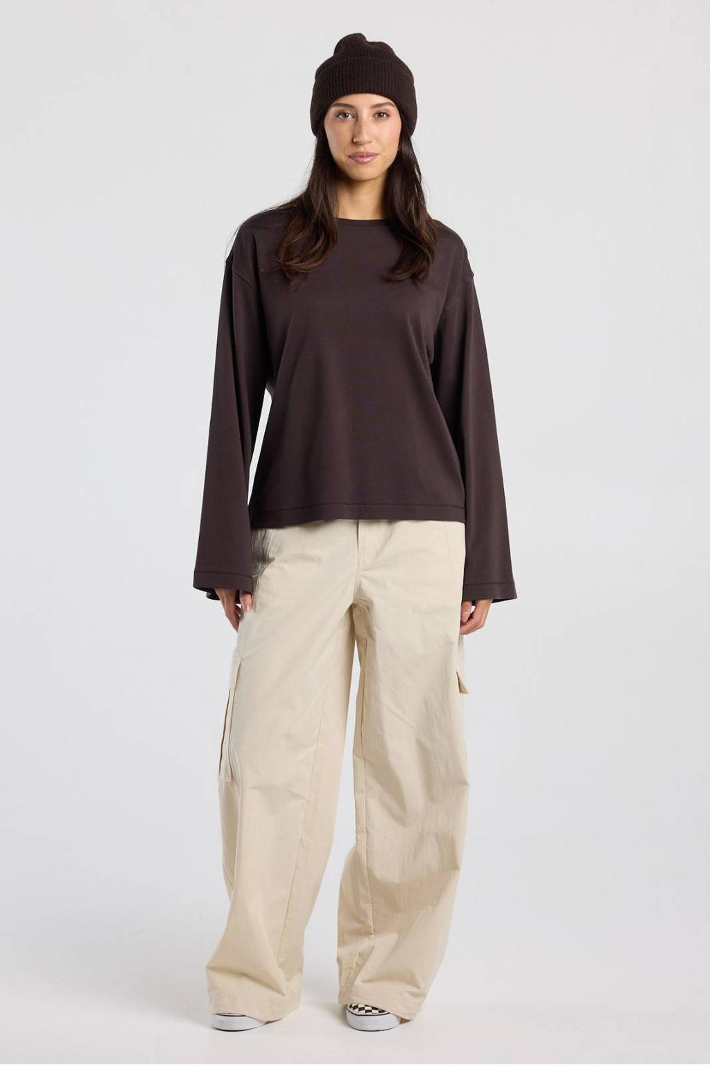 Bruine dames America Today longsleeve van katoen met effen, lange mouwen en ronde hals