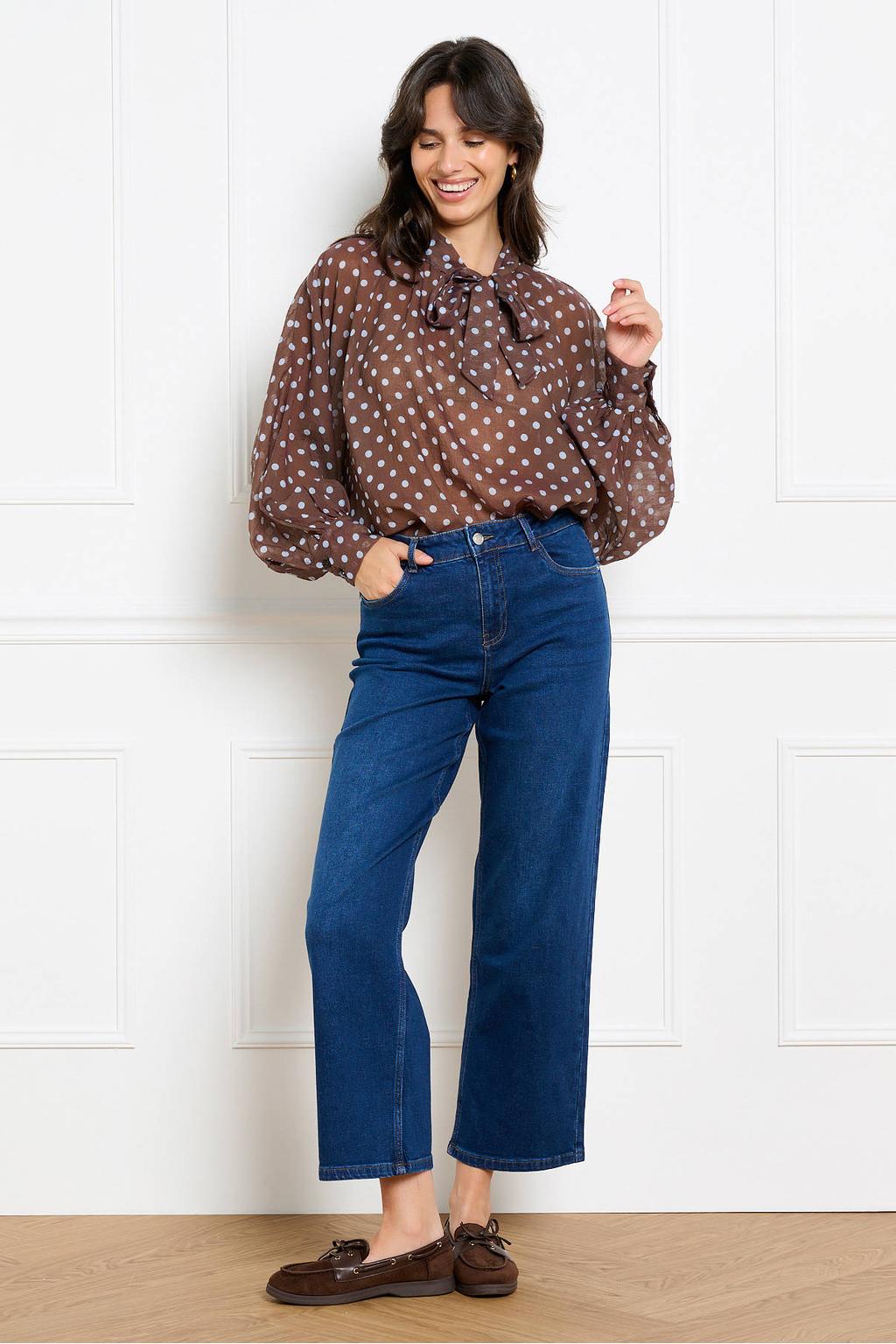 Bruin en blauwe dames LOLALIZA blouse van lyocell met stippenprint, lange mouwen, strikkraag, knoopsluiting en strikje