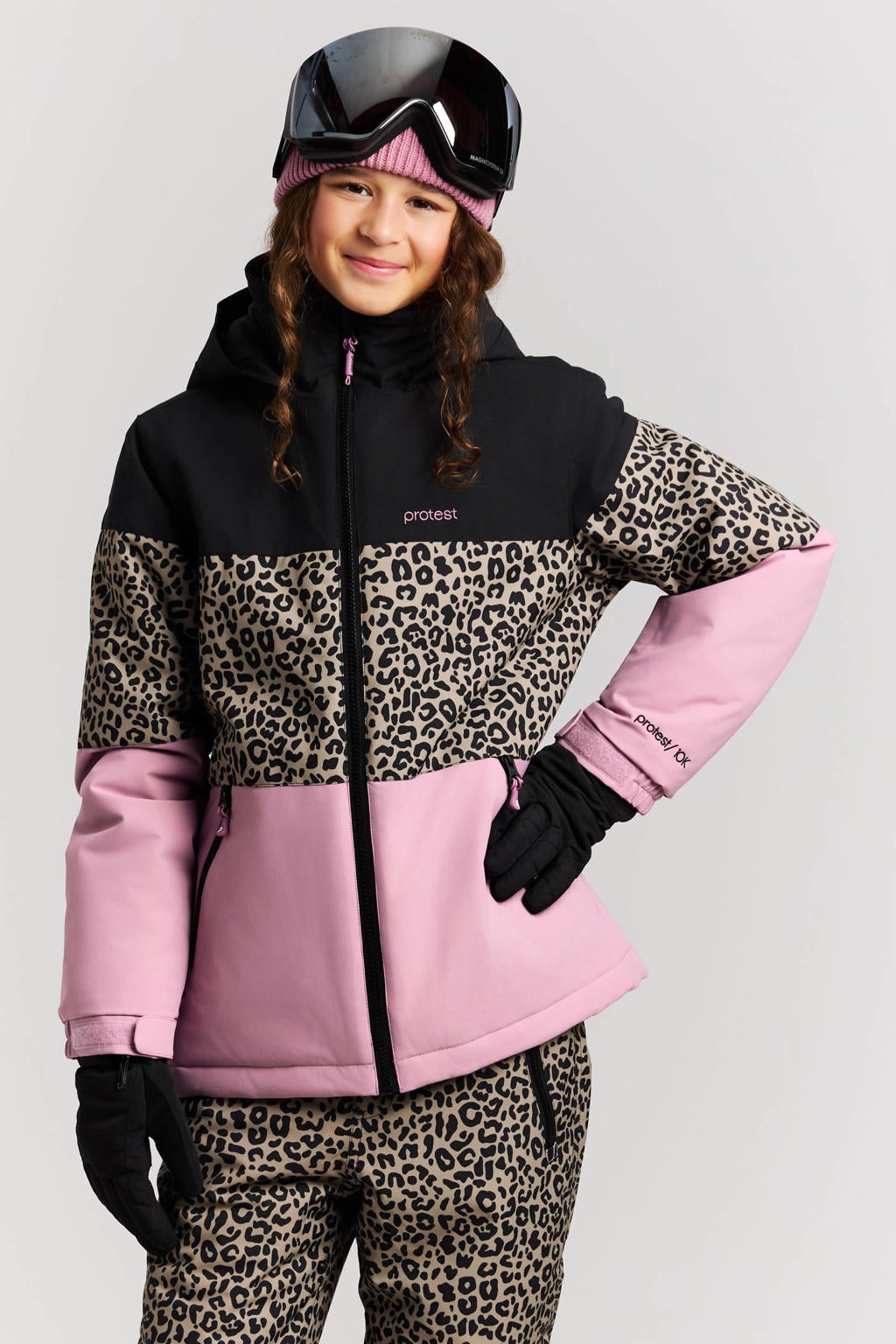 Protest ski-jas met dierenprint - zwart/roze/zand