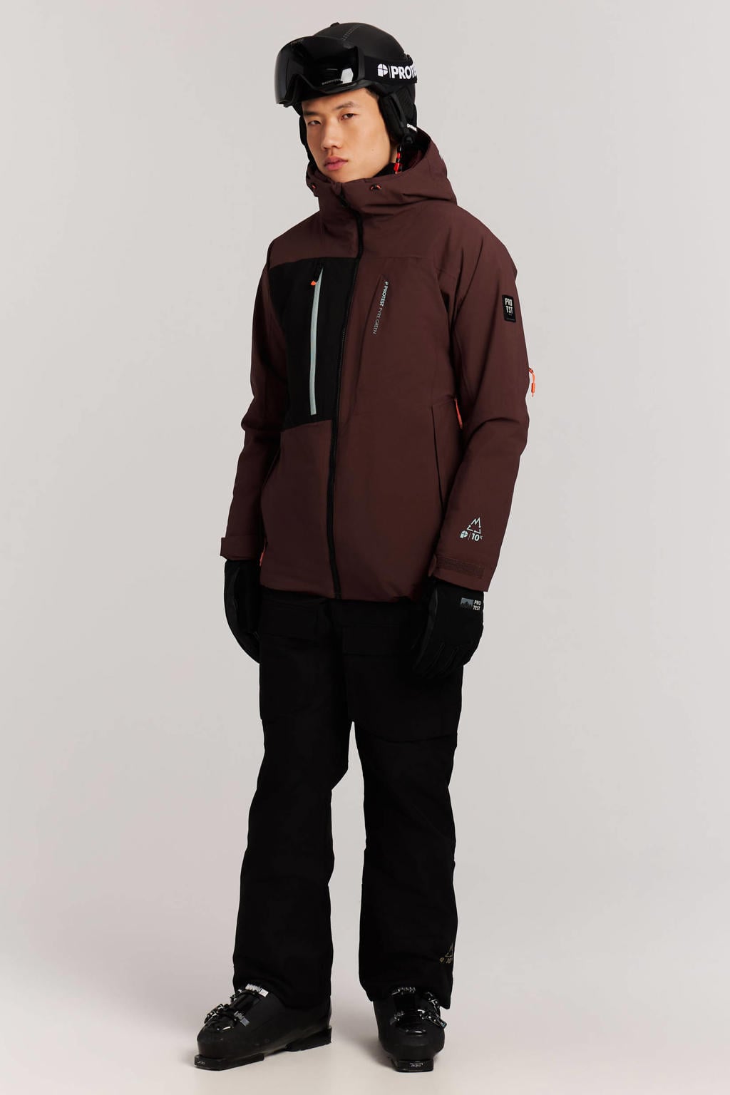 Donkerrode heren Protest ski-jas van polyester met meerkleurige print, capuchon en ritssluiting