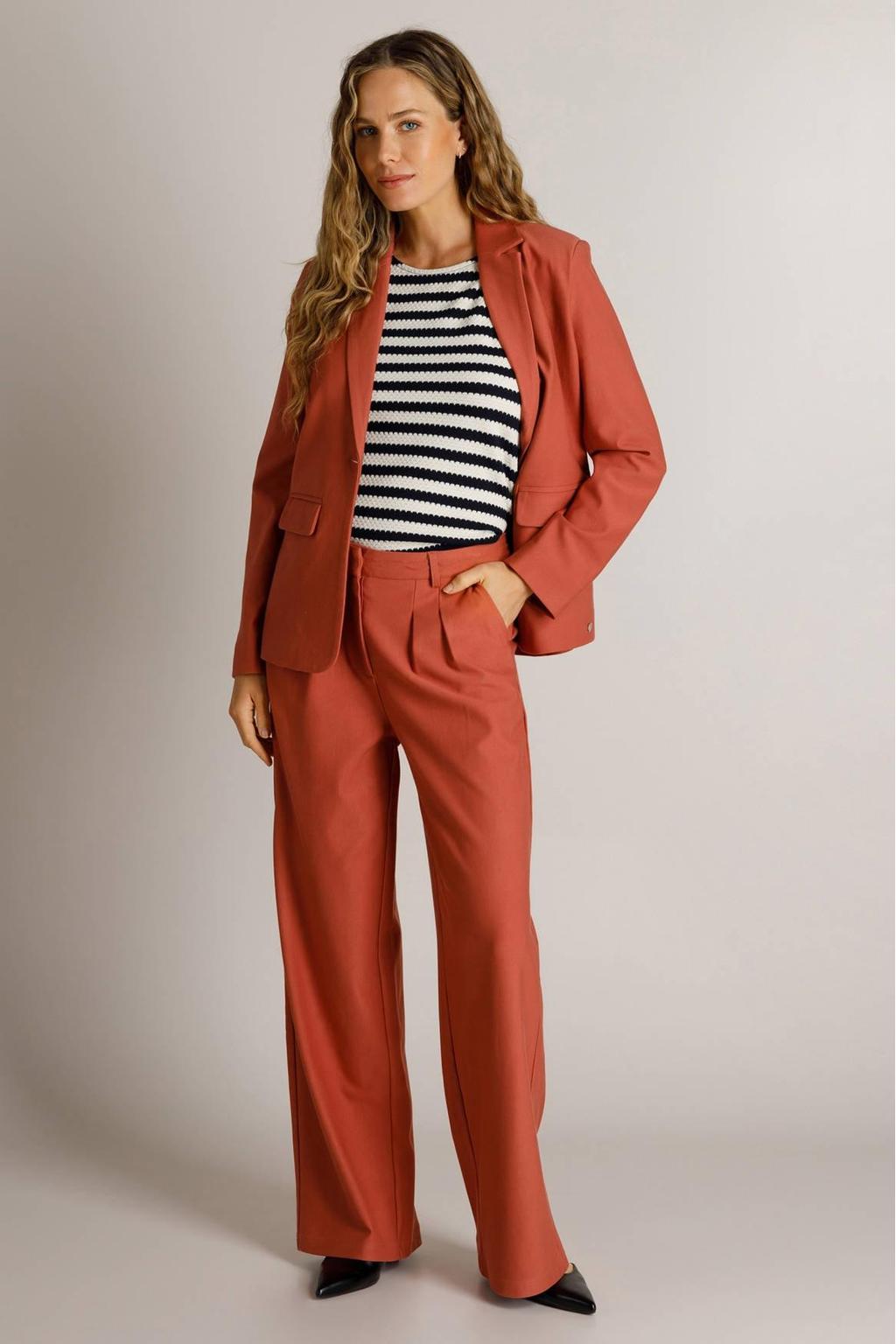 Koraalrode dames Ivy Beau wide leg broek van viscose met rits- en knoopsluiting en effen