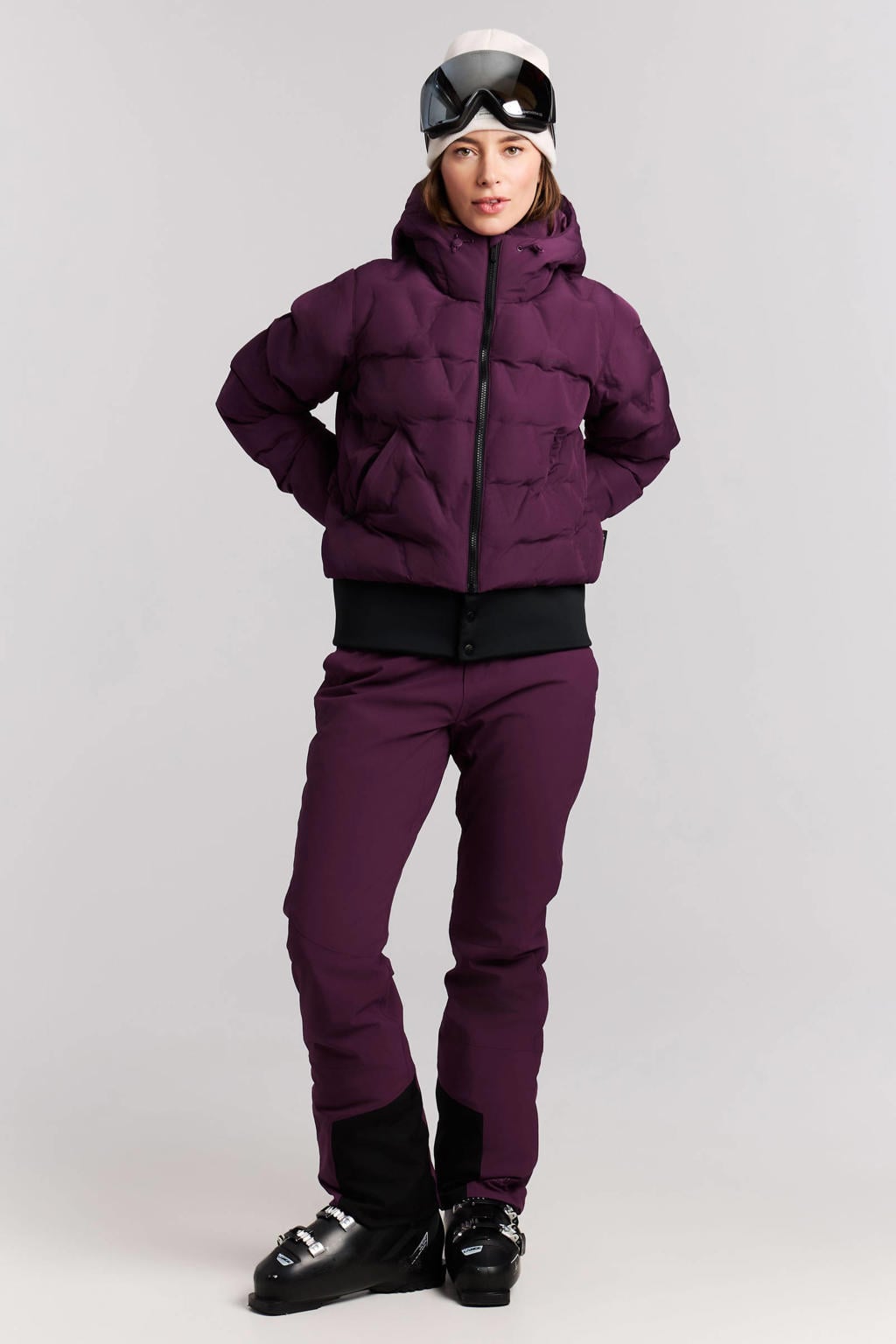 Donkerpaarse dames Protest ski-jas van polyester met effen, capuchon en ritssluiting