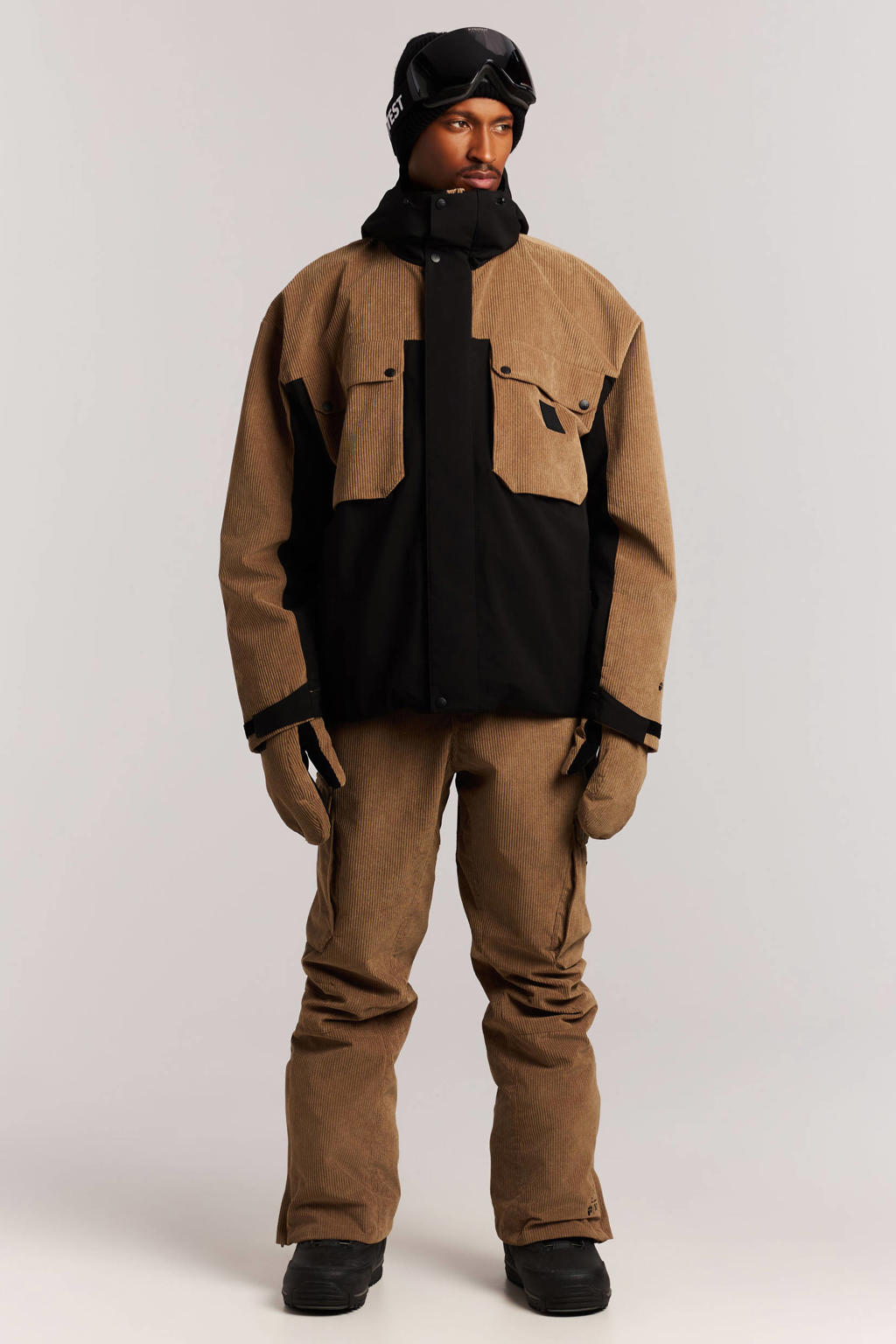 Bruin en zwarte heren Protest ski-jas van polyester met meerkleurige print, capuchon en ritssluiting