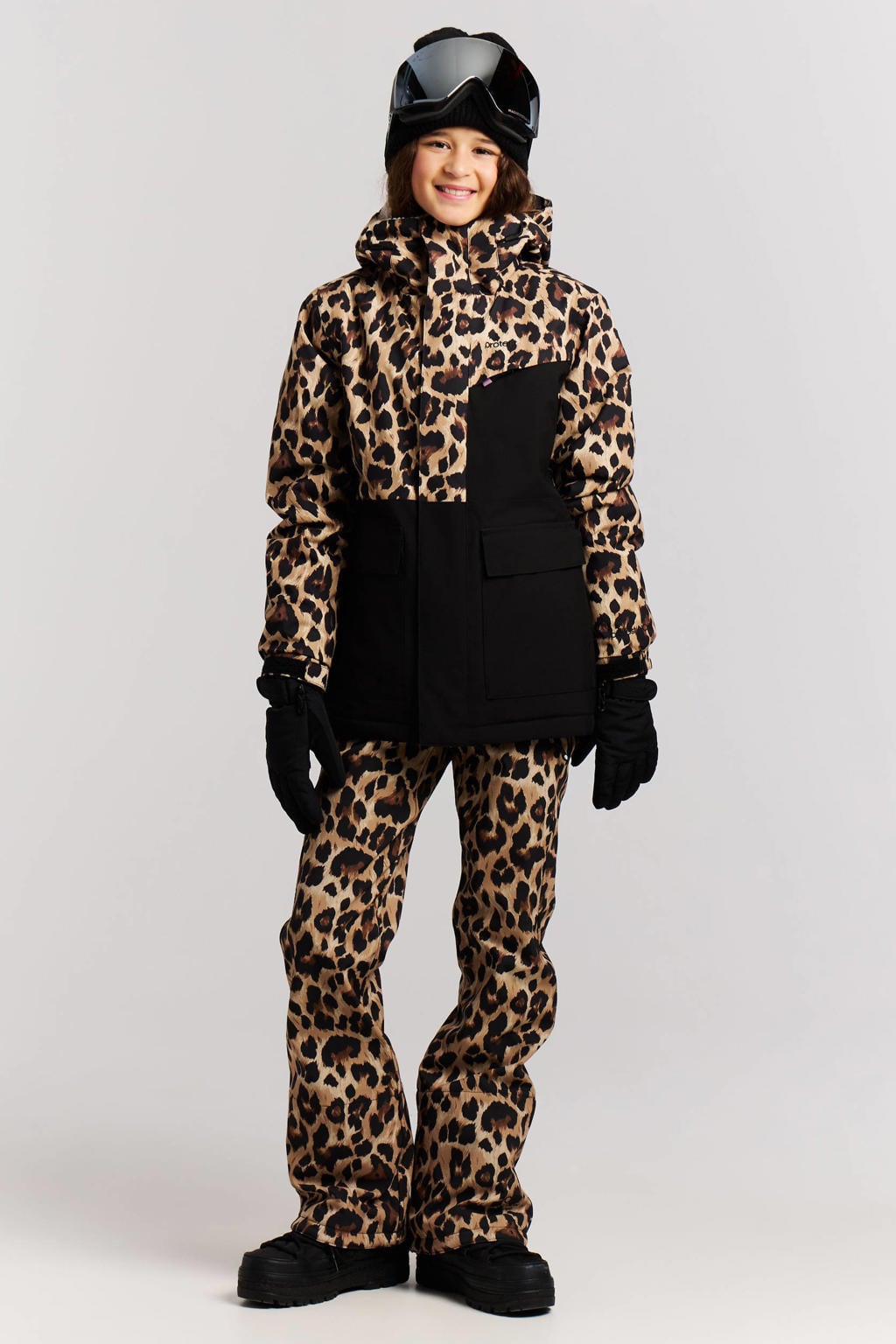 Zand, bruin en zwarte meisjes Protest ski-jas van polyester met dierenprint, capuchon en ritssluiting