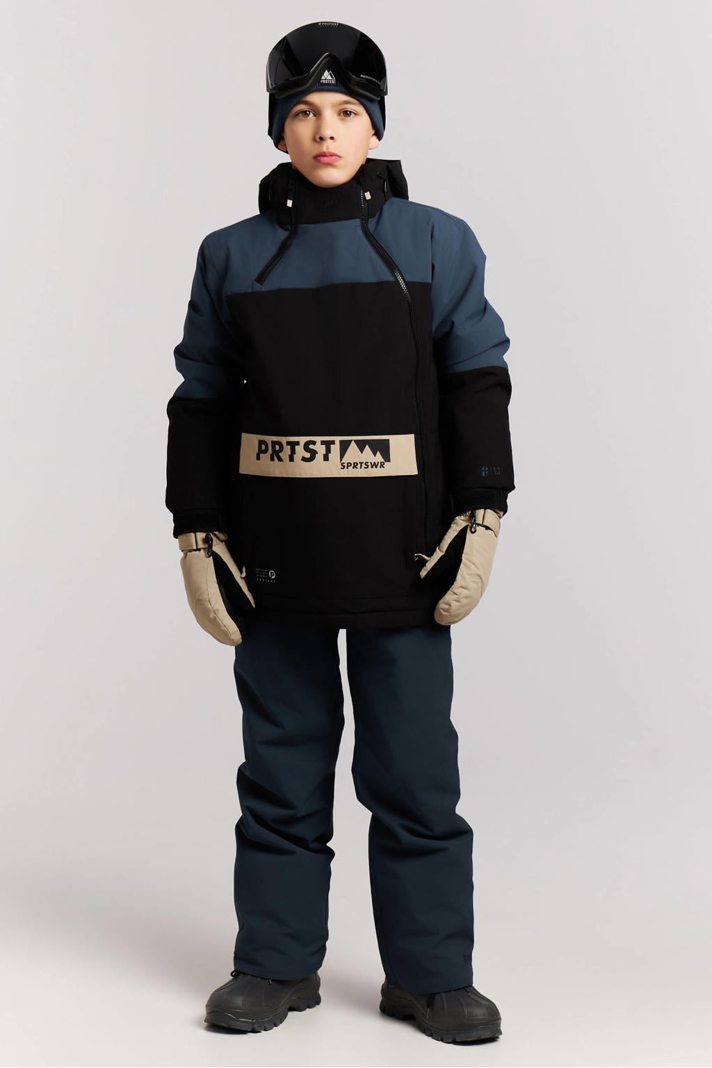 Donkerblauwe jongens Protest ski-jas van polyester met meerkleurige print, capuchon en halve rits