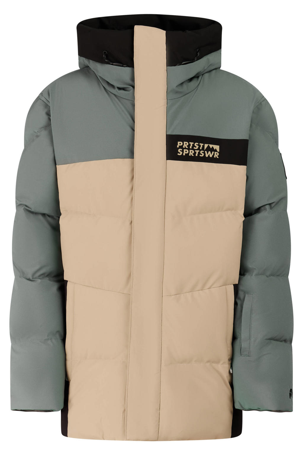 Beige, groen en zwarte jongens Protest ski-jas van polyester met meerkleurige print, capuchon en ritssluiting