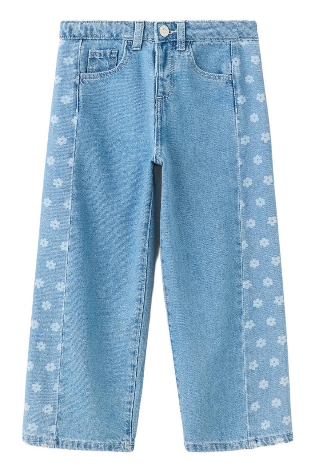 Light blue denim meisjes Mango Kids wide leg gebloemde jeans van denim met rits- en knoopsluiting