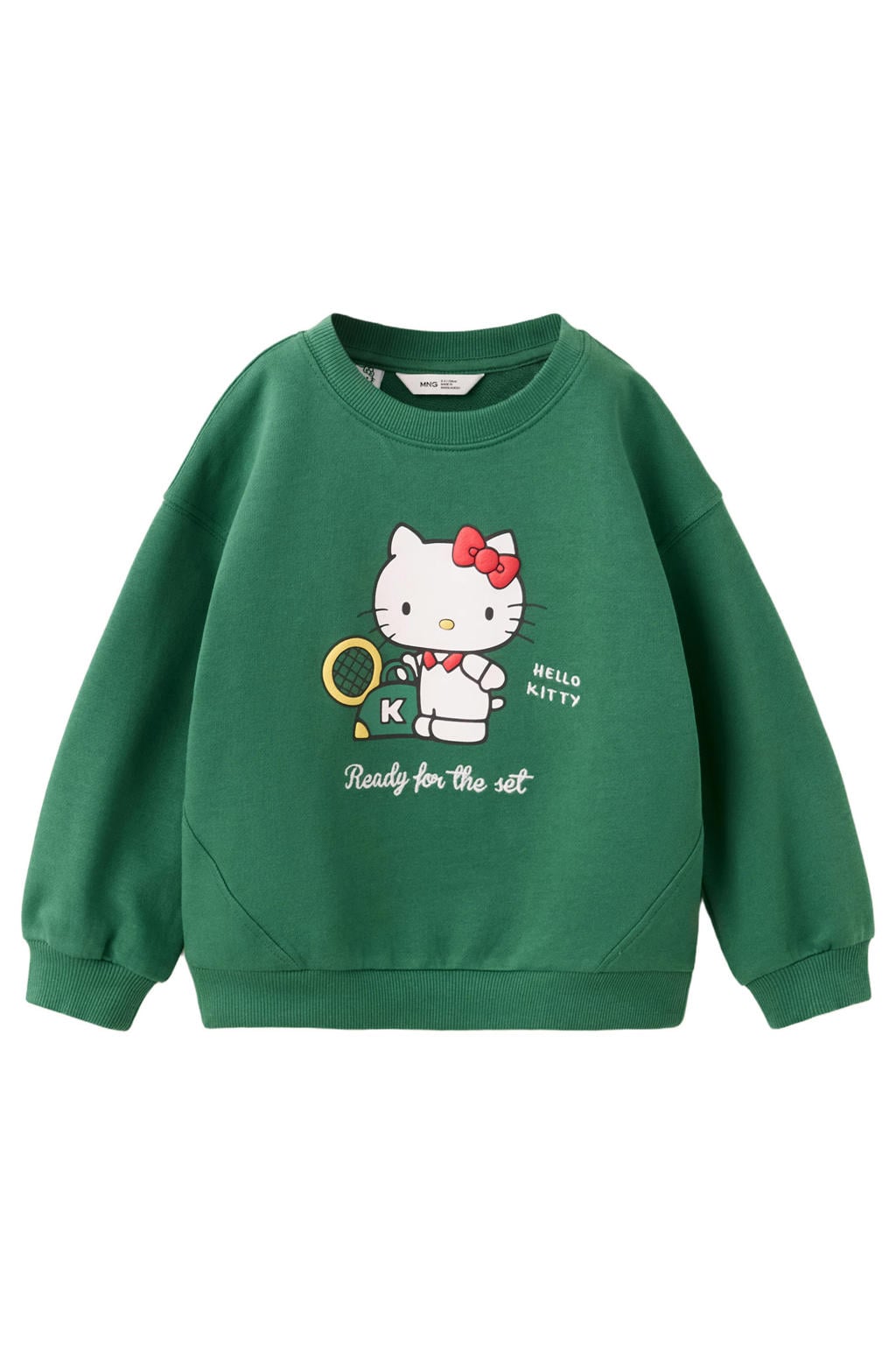 Donkergroene meisjes Mango Kids Hello Kitty sweater met printopdruk, lange mouwen, ronde hals en geribde boorden