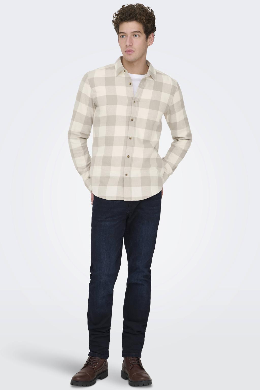 ONLY & SONS slim fit geruit overhemd - ecru