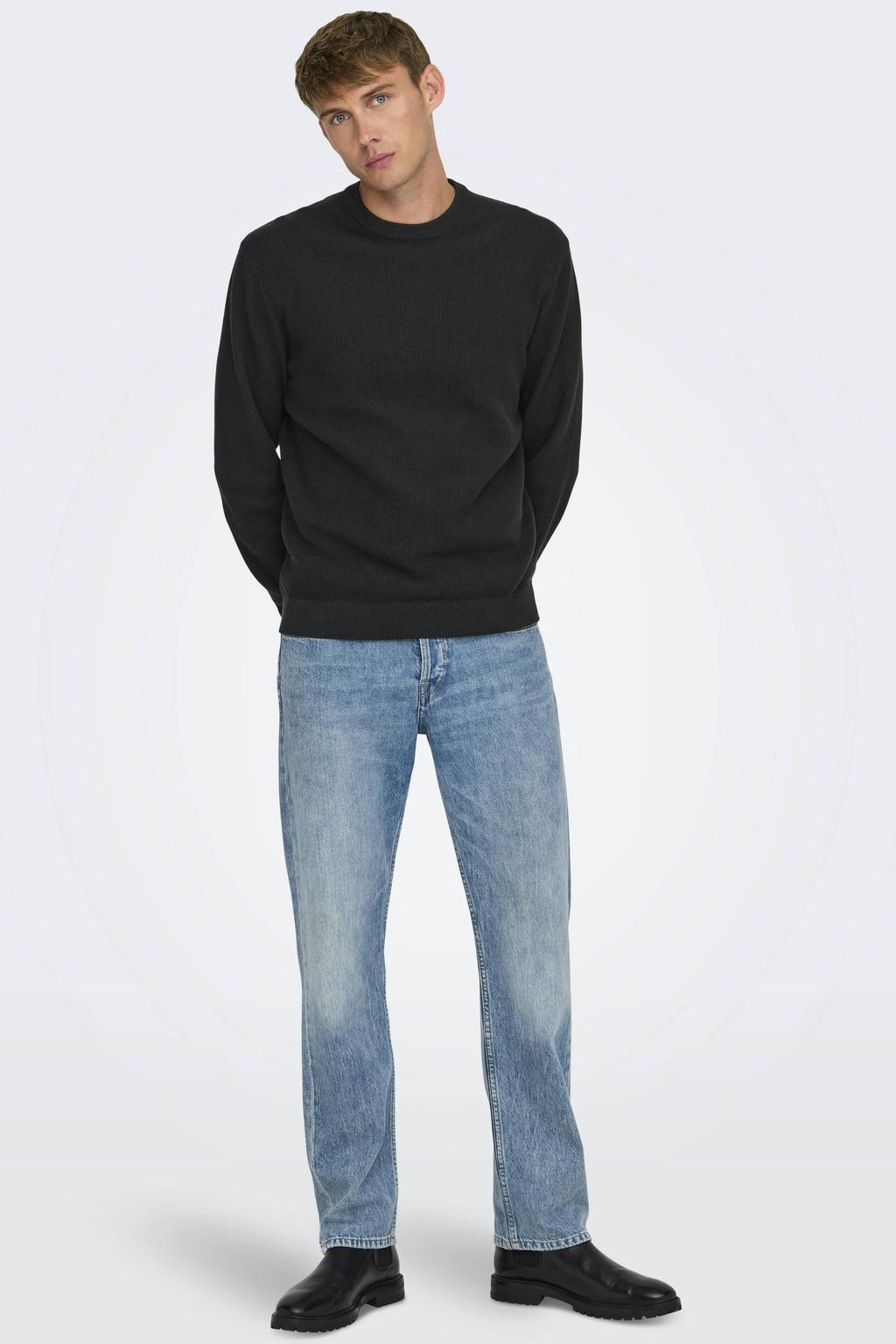 Zwarte heren ONLY & SONS katoenen relaxed fit gebreide trui met lange mouwen en ronde hals